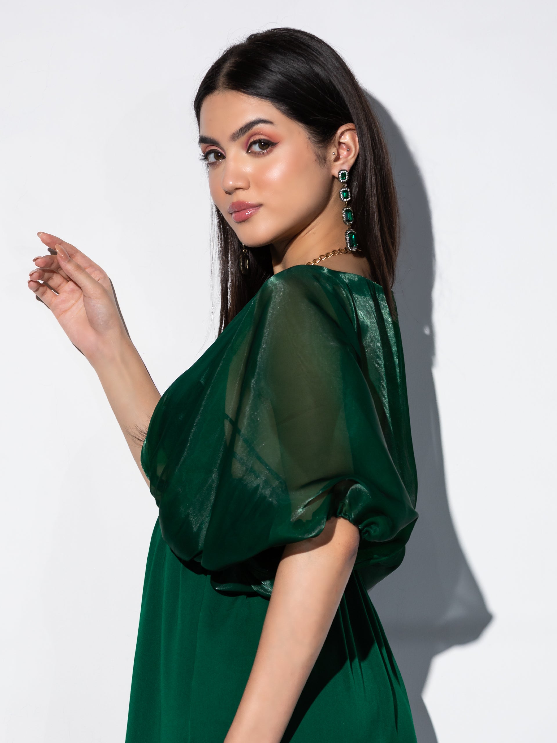 Women's Metal Strap Korean Emerald Dress Set with Satin Organza Cape 2 Piece Set | A-Line, V Neck, Sleeveless, Partywear, (Satin Organza)