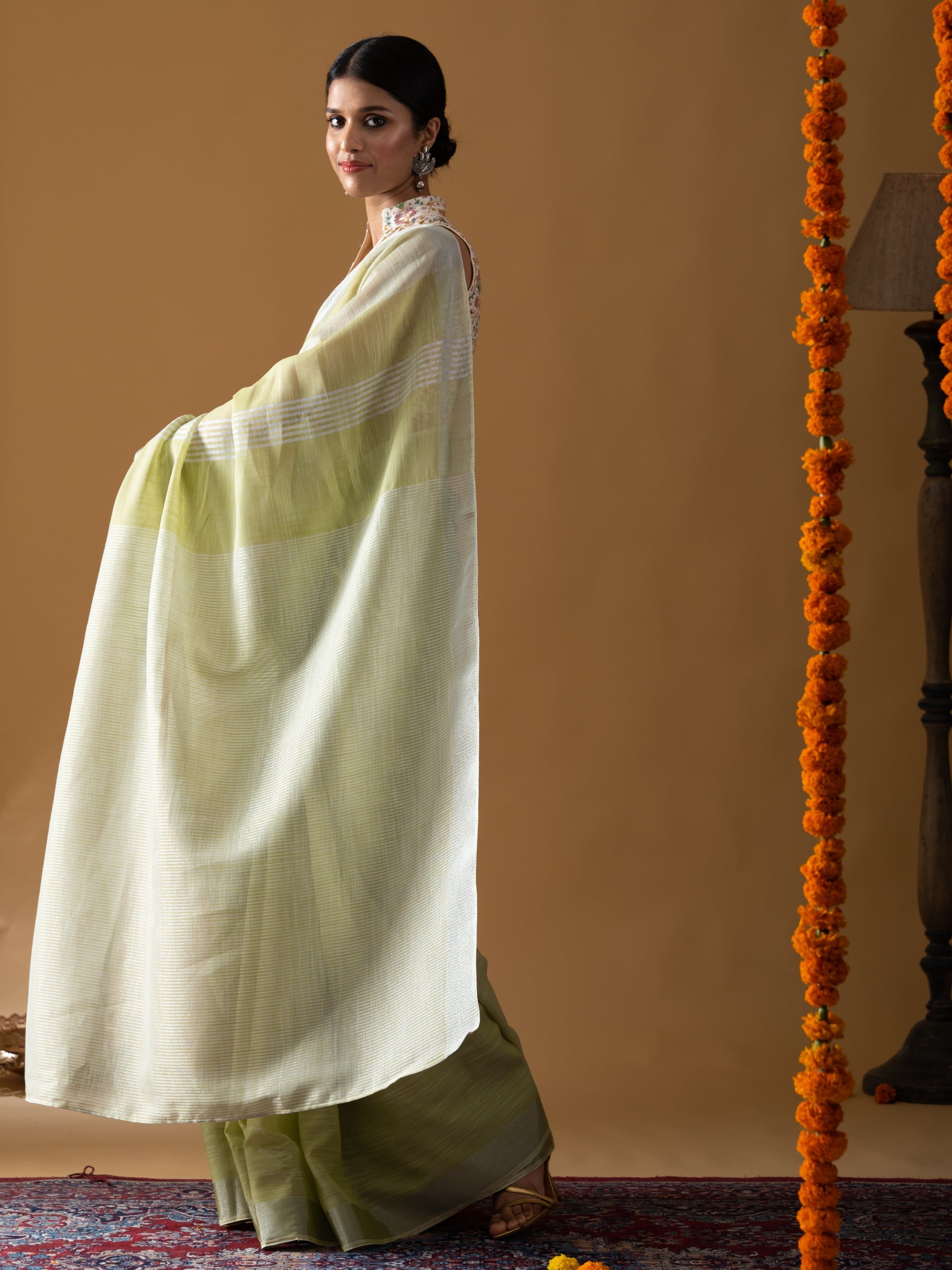 Lime Khadi Linen Blend Saree