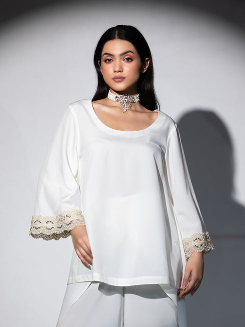 1 pc - Off white Crepe Short Kurta with Flared Sleeves and Pearl Embellished Lace