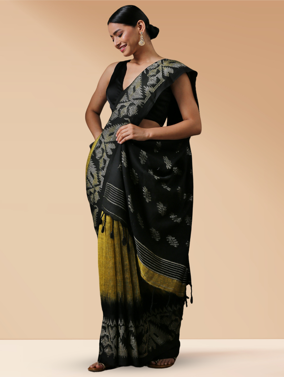 Pure Linen Henna & Woven Big Border Handloom Saree