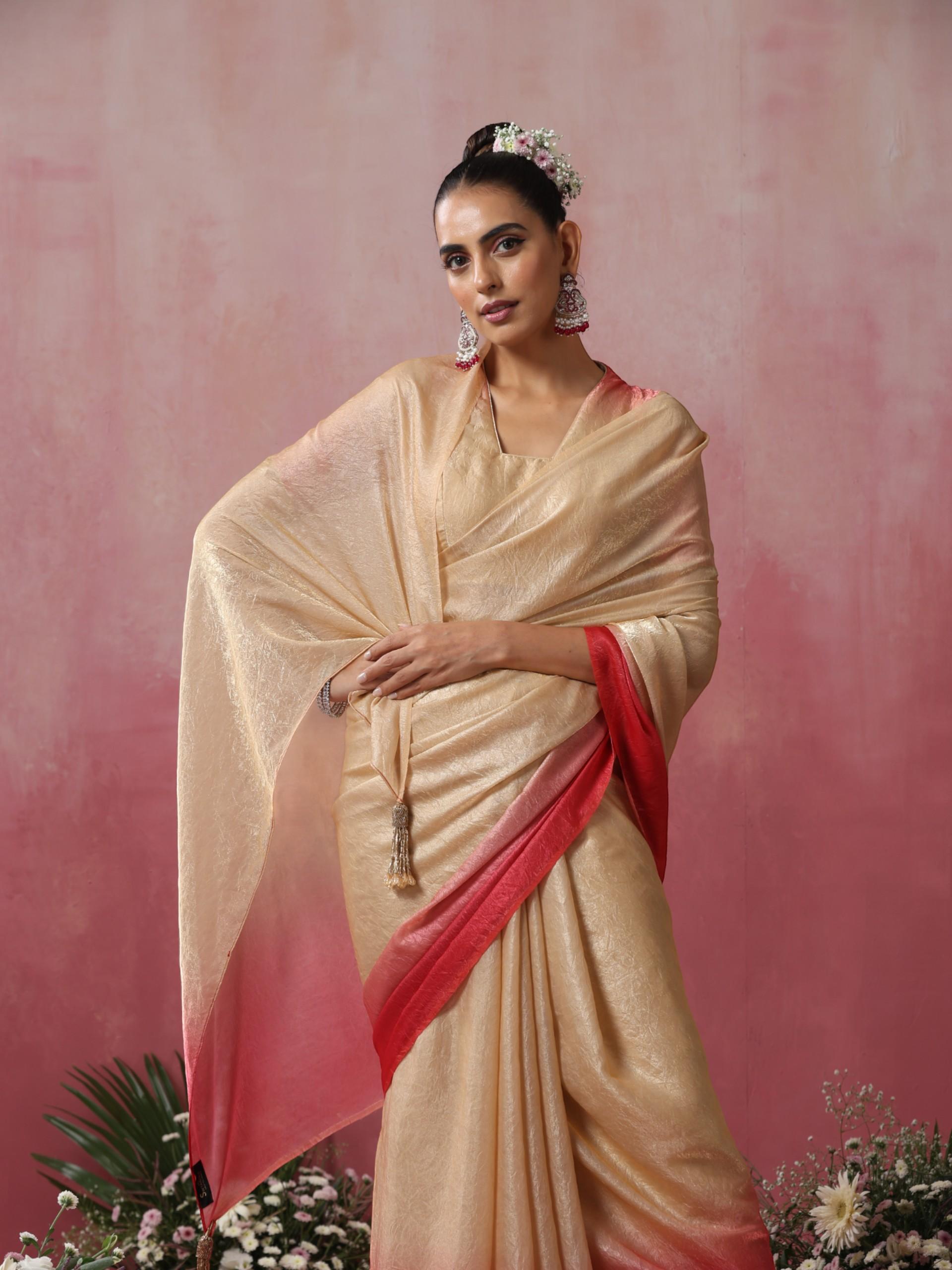 Malibu Blaze Ombre' Crushed Metallic Satin Saree with Blouse Fabric