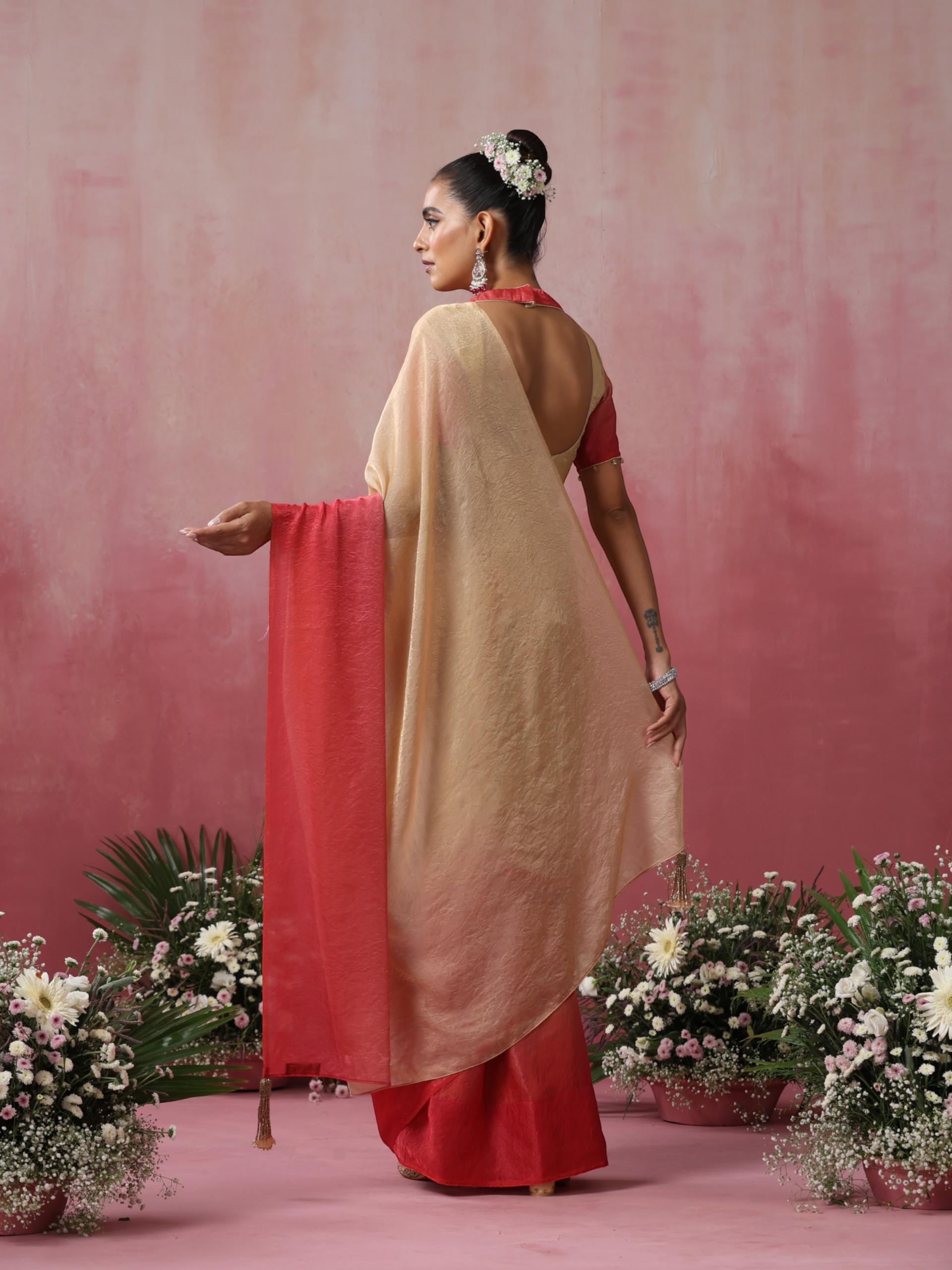 Malibu Blaze Ombre' Crushed Metallic Satin Saree with Blouse Fabric
