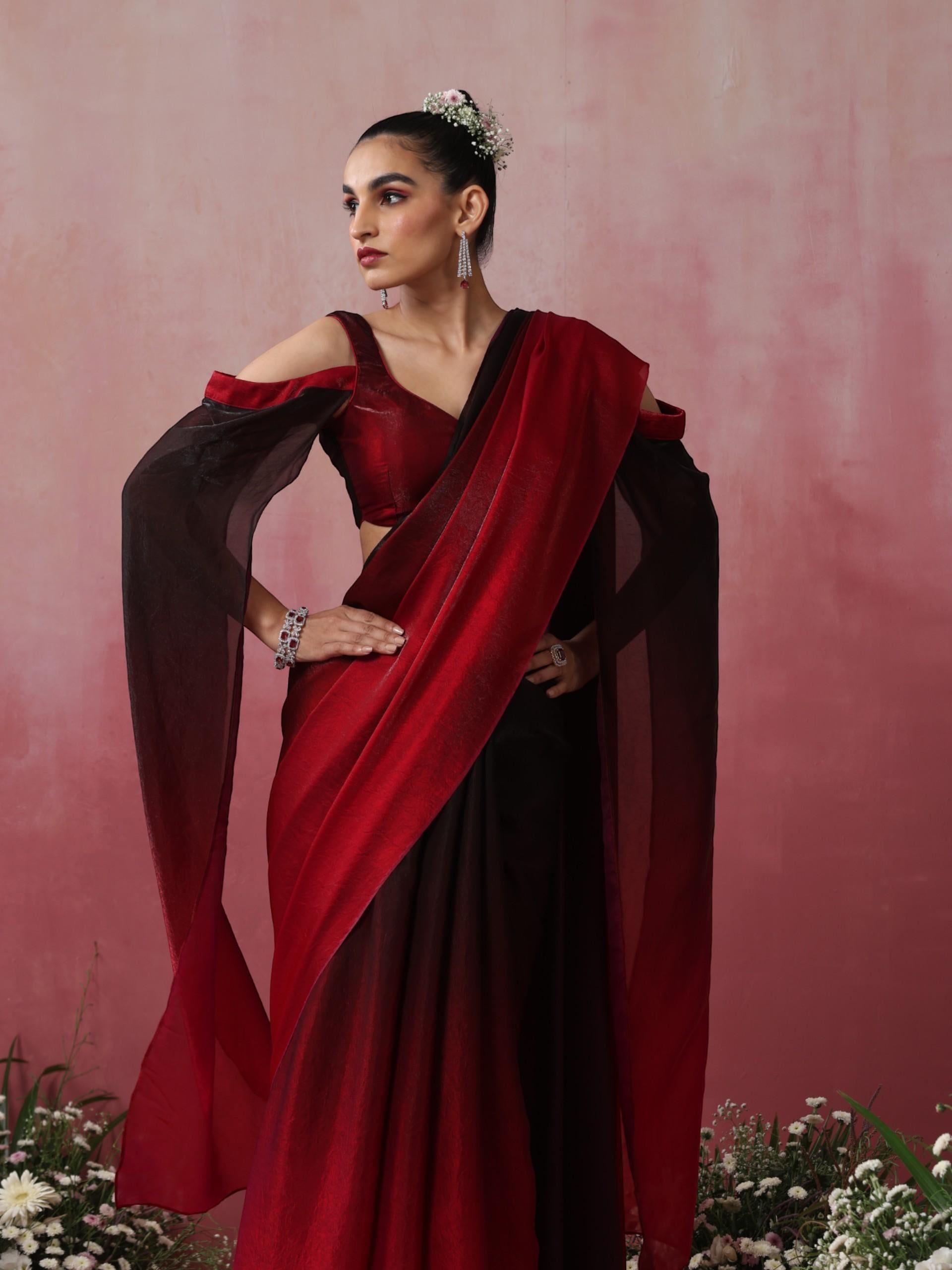 Volcano Black and Red Ombre Metallic Satin Saree with Blouse Fabric