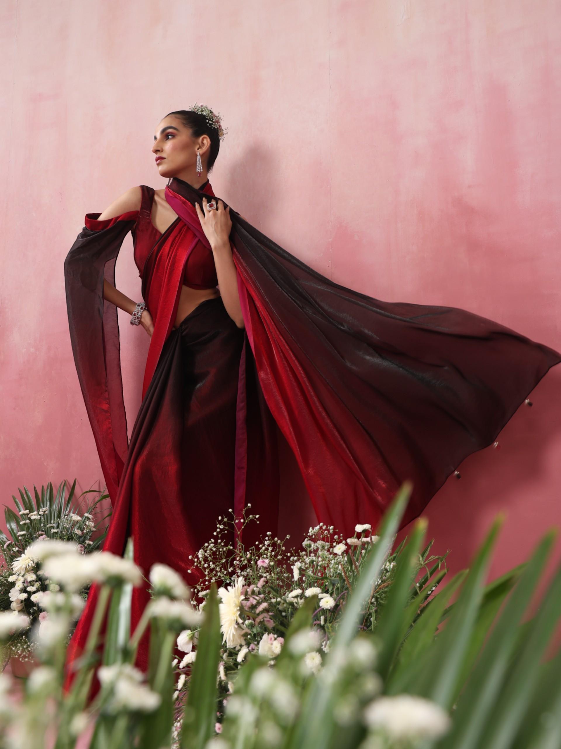 Volcano Black and Red Ombre Metallic Satin Saree with Blouse Fabric