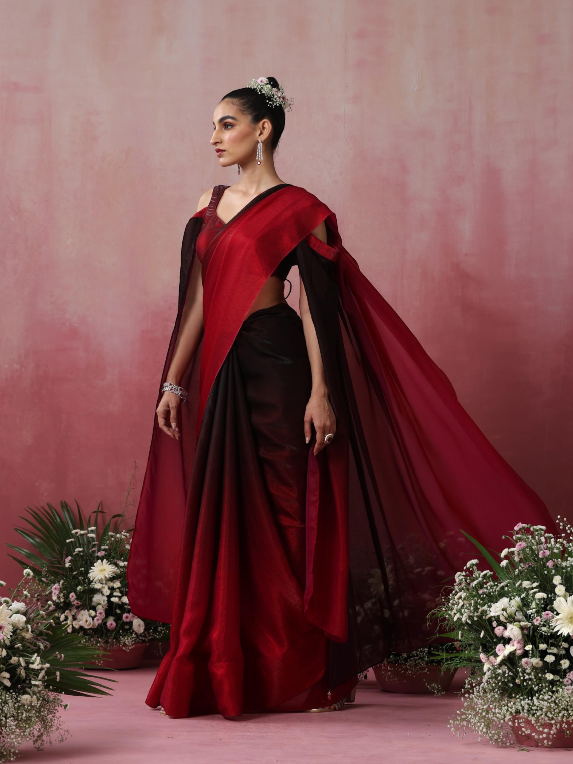 Volcano Black and Red Ombre Metallic Satin Saree with Blouse Fabric