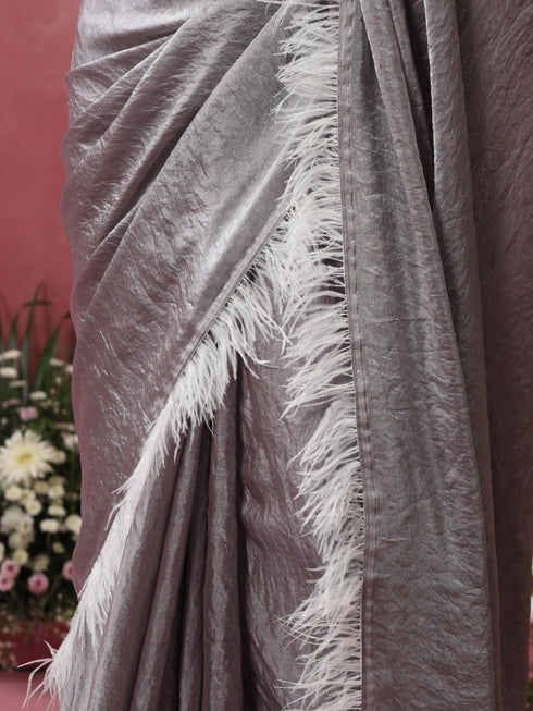 Vegas Grey Lilac Metallic Satin Saree with Fur and Blouse Fabric