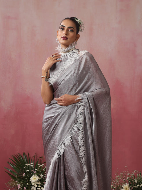 Vegas Grey Lilac Metallic Satin Saree with Fur and Blouse Fabric