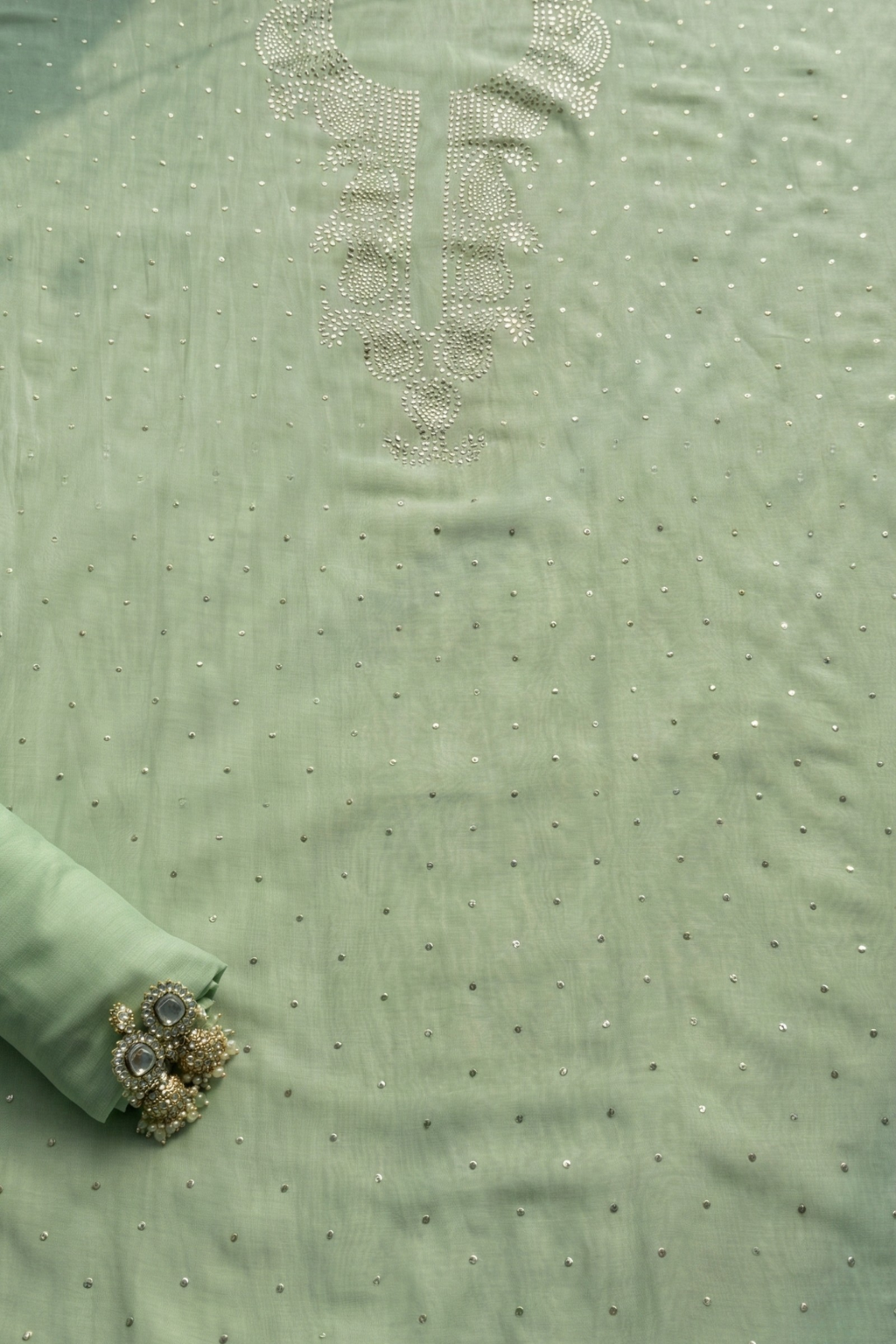 3 Pc Unstitched Suit - Chanderi Pistachio Mukiesh Kurta with Lining ,Dupatta and Bottom