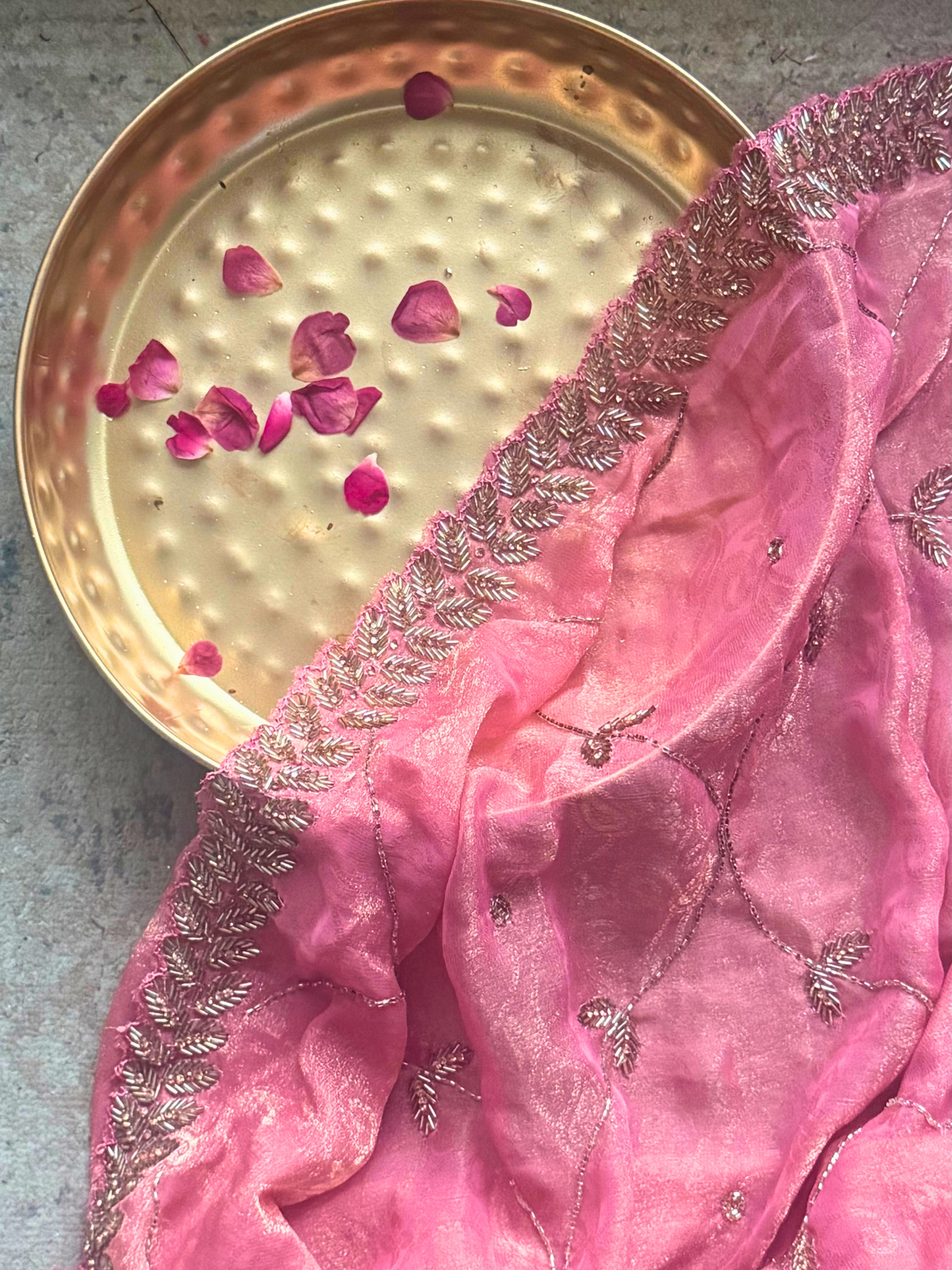 3 Pc Unstitched Suit - Pink Satin Embroidered Kurta with Plain Pant and Hand Beaded Scallop Paisley Dupatta