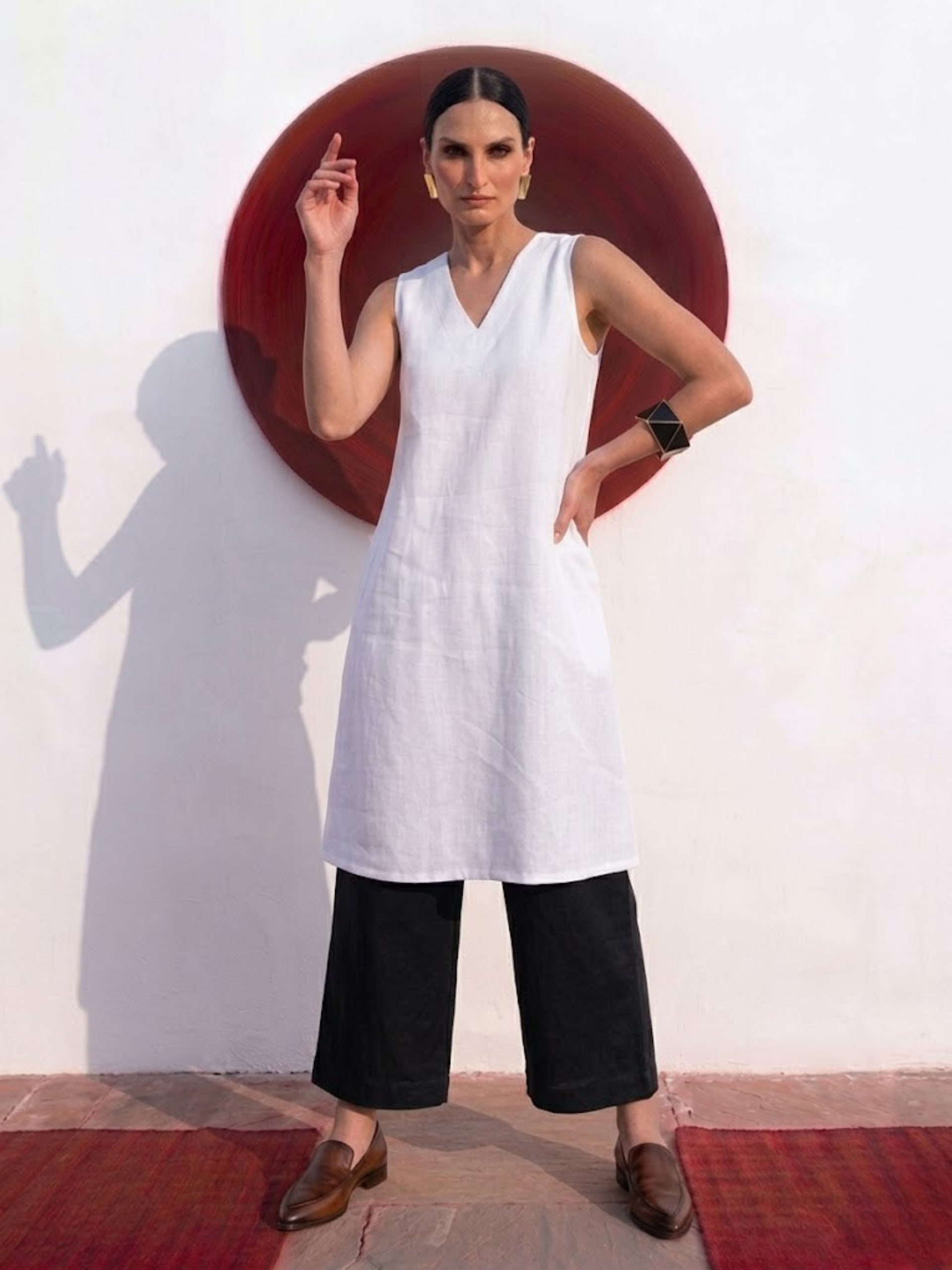 2 pc SET - High Slit Linen White Kurta with Black Pants