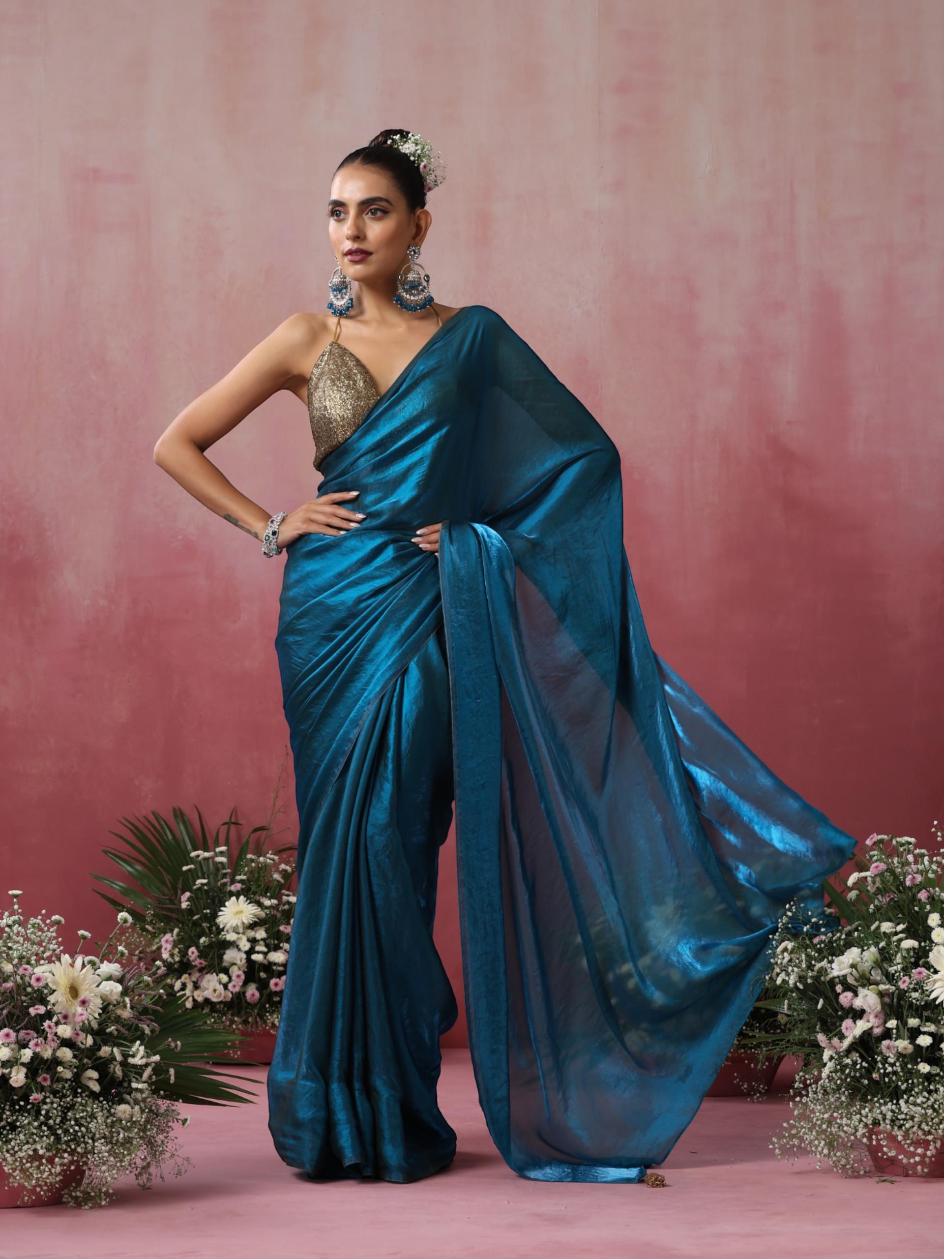 Rama Blue Green Metallic Satin Saree