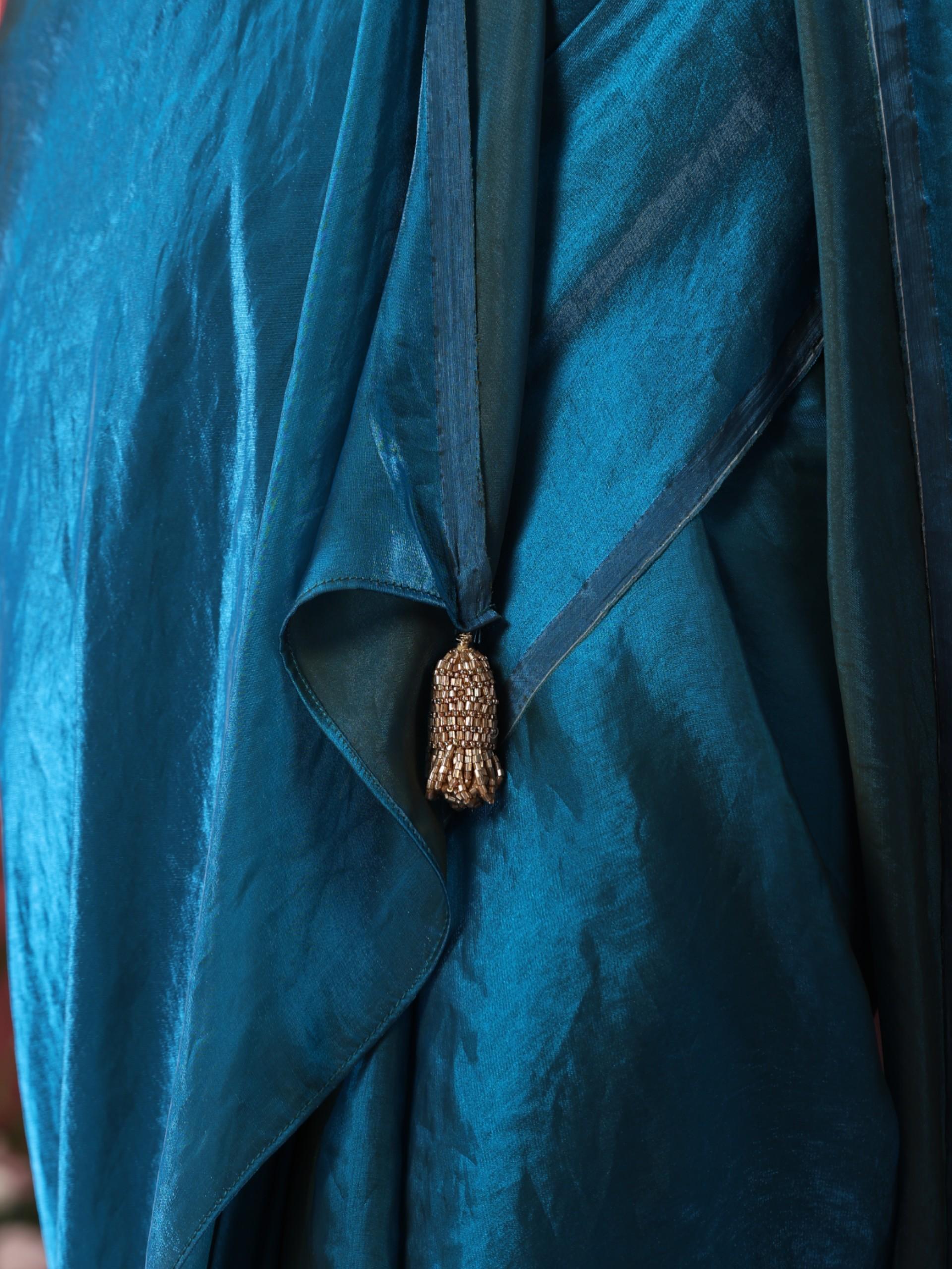 Rama Blue Green Metallic Satin Saree