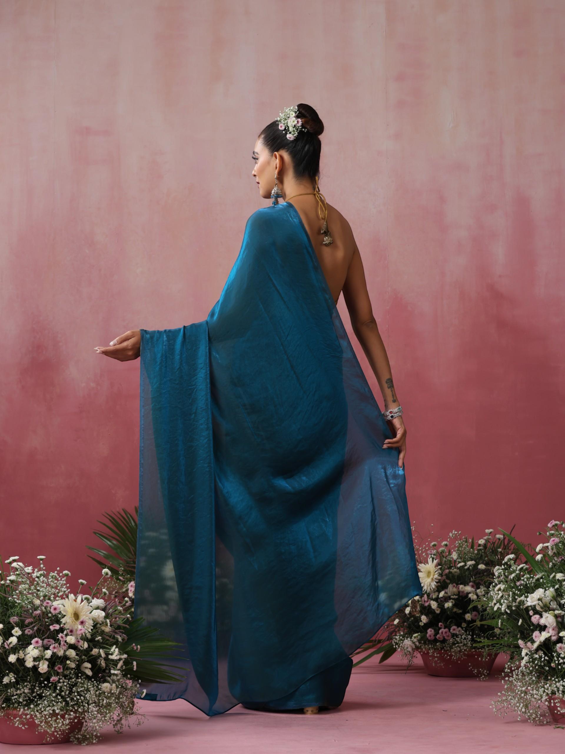 Rama Blue Green Metallic Satin Saree
