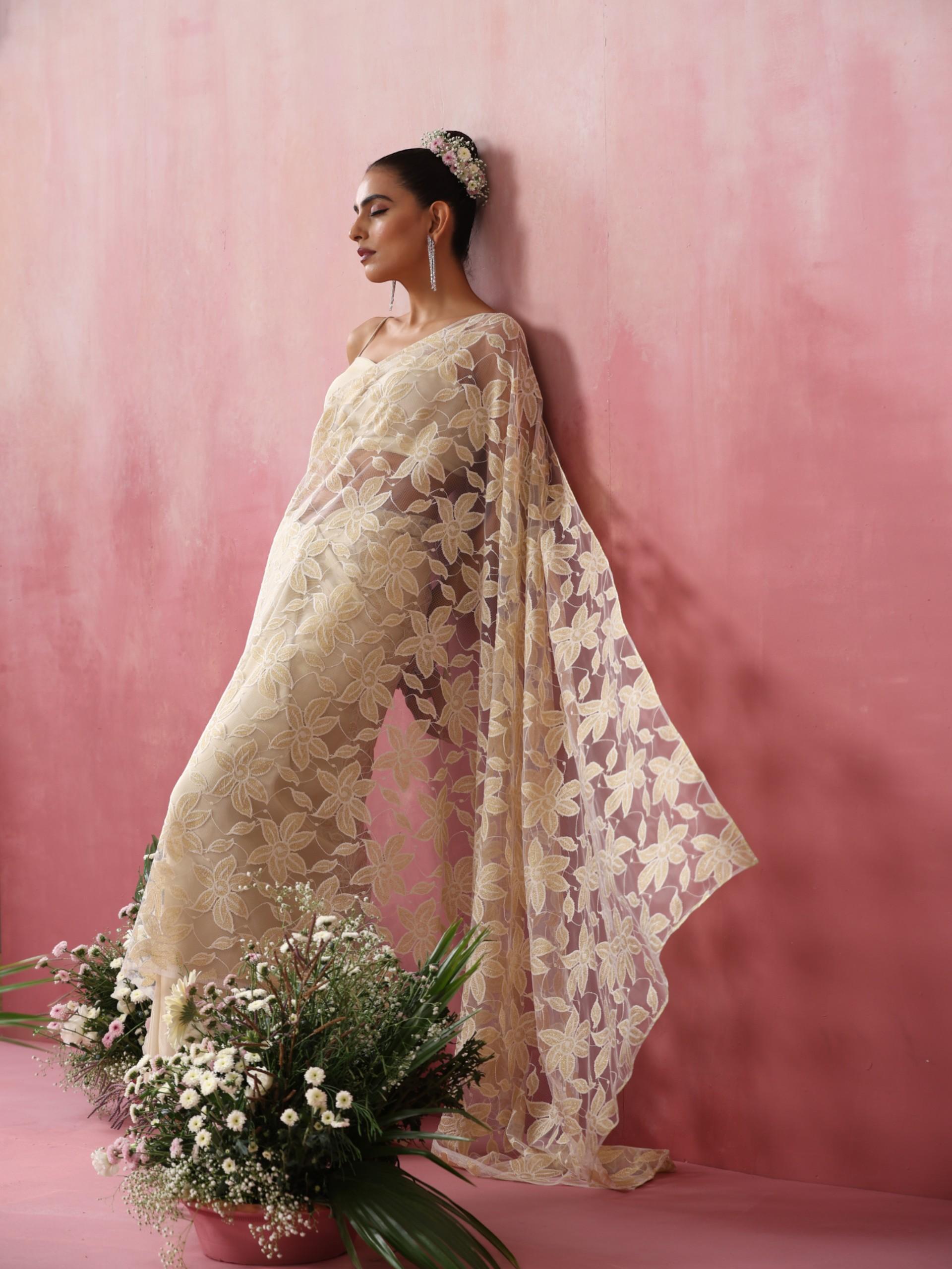 Princess Wardrobe Silk Tissue Saree with Net Flowers and Blouse Fabric