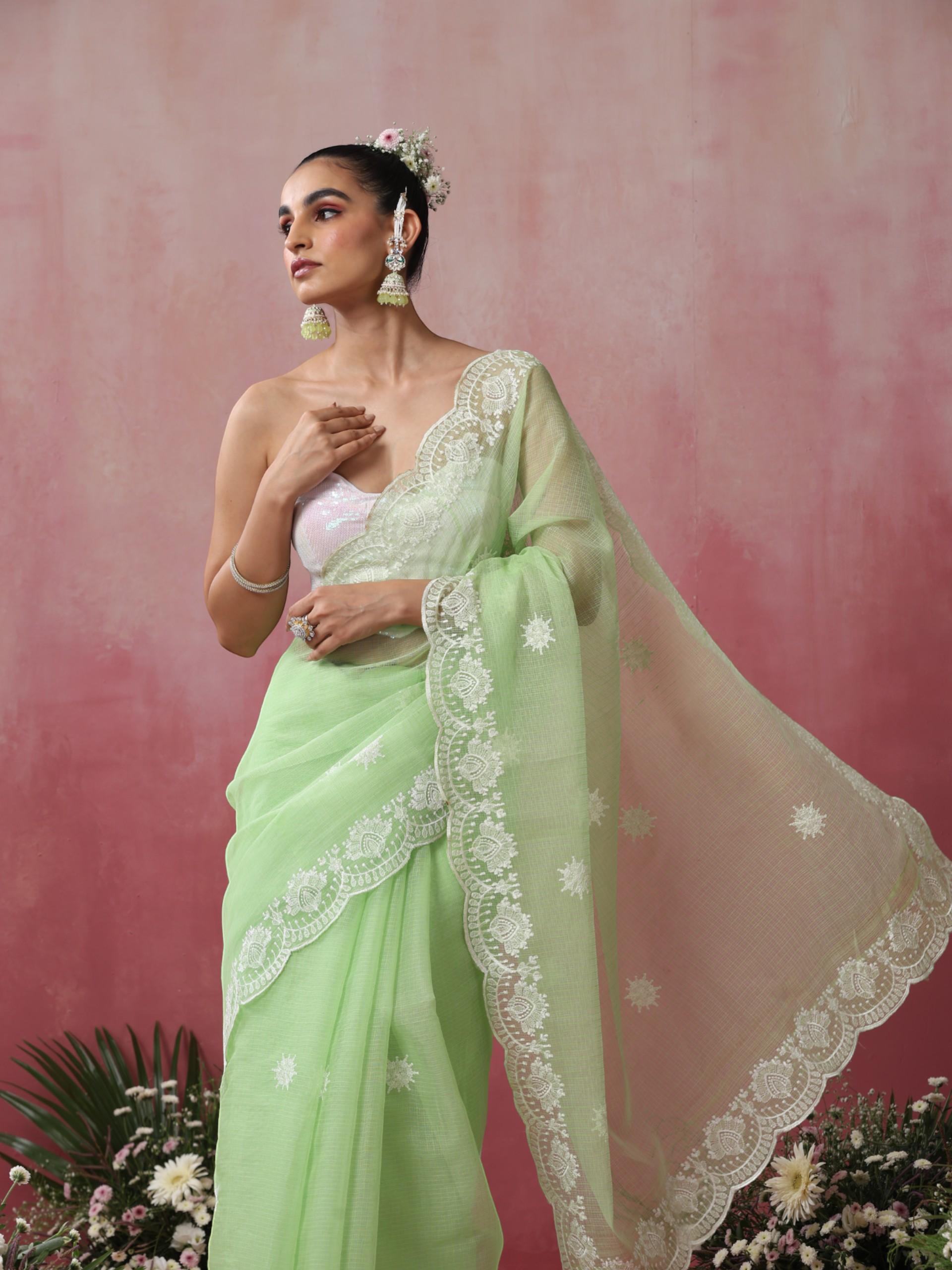 Green Cotton Kota Saree with Scallop Embroidery