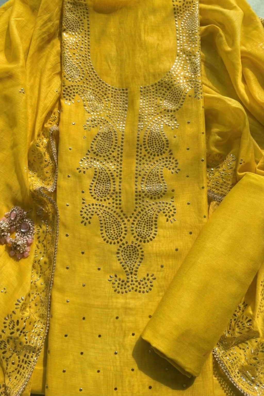 3 Pc Unstitched Suit - Chanderi Yellow Mukiesh Kurta with Lining ,Dupatta and Bottom
