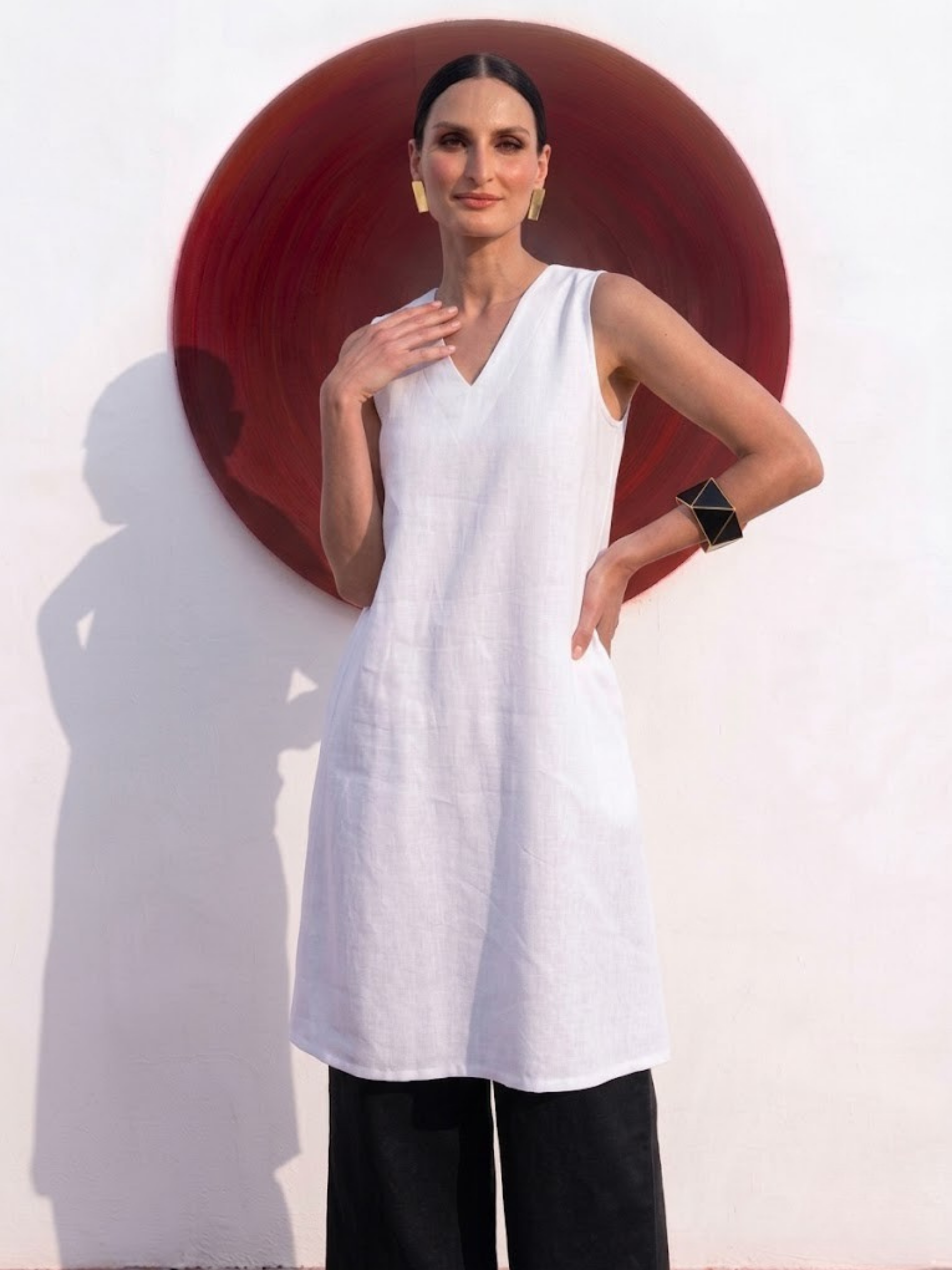 2 pc SET - High Slit Linen White Kurta with Black Pants