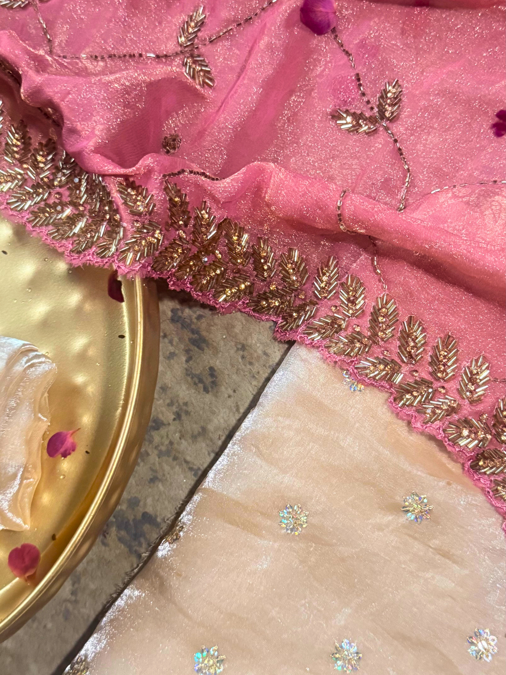 3 Pc Unstitched Suit - Pink Satin Embroidered Kurta with Plain Pant and Hand Beaded Scallop Paisley Dupatta