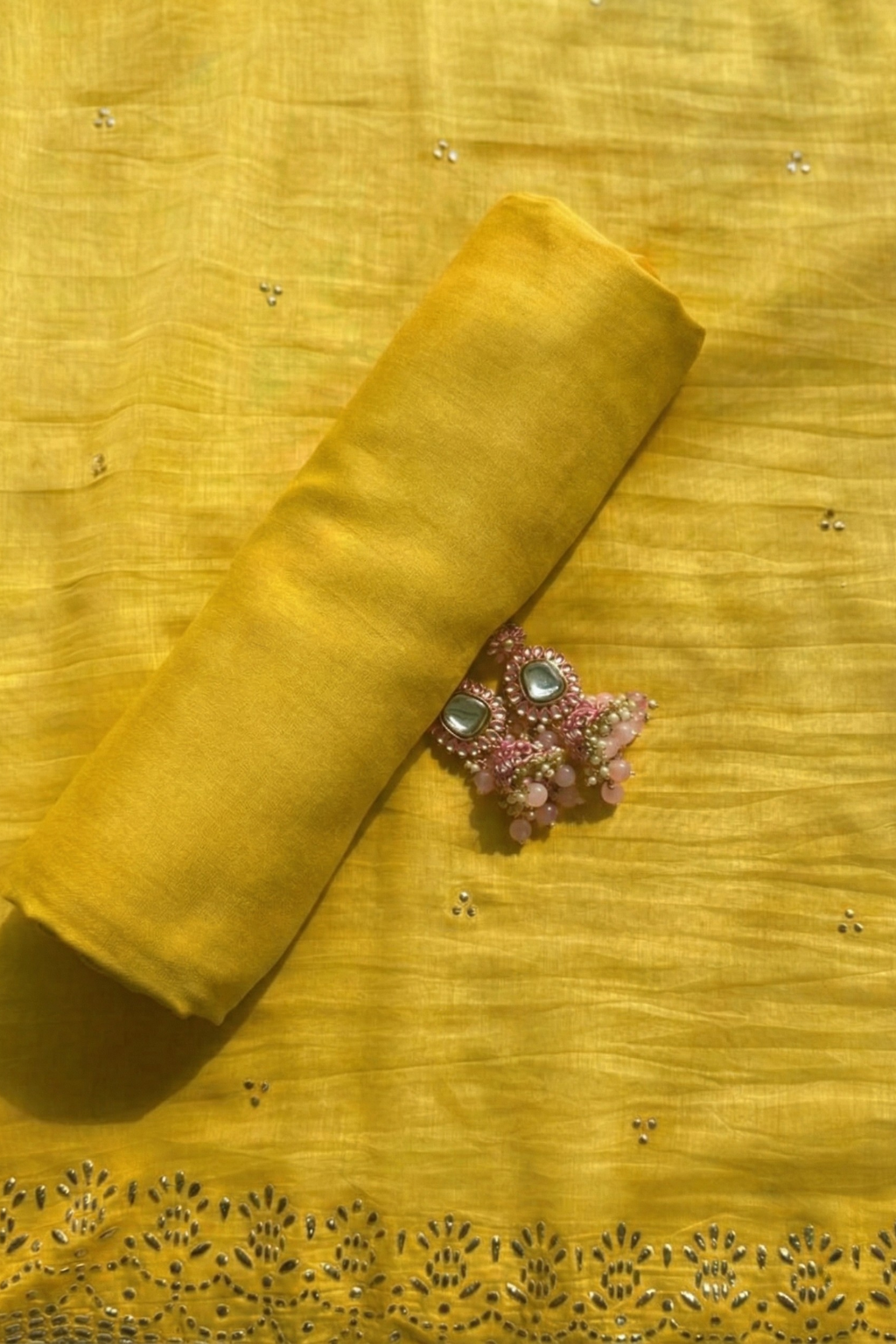 3 Pc Unstitched Suit - Chanderi Yellow Mukiesh Kurta with Lining ,Dupatta and Bottom