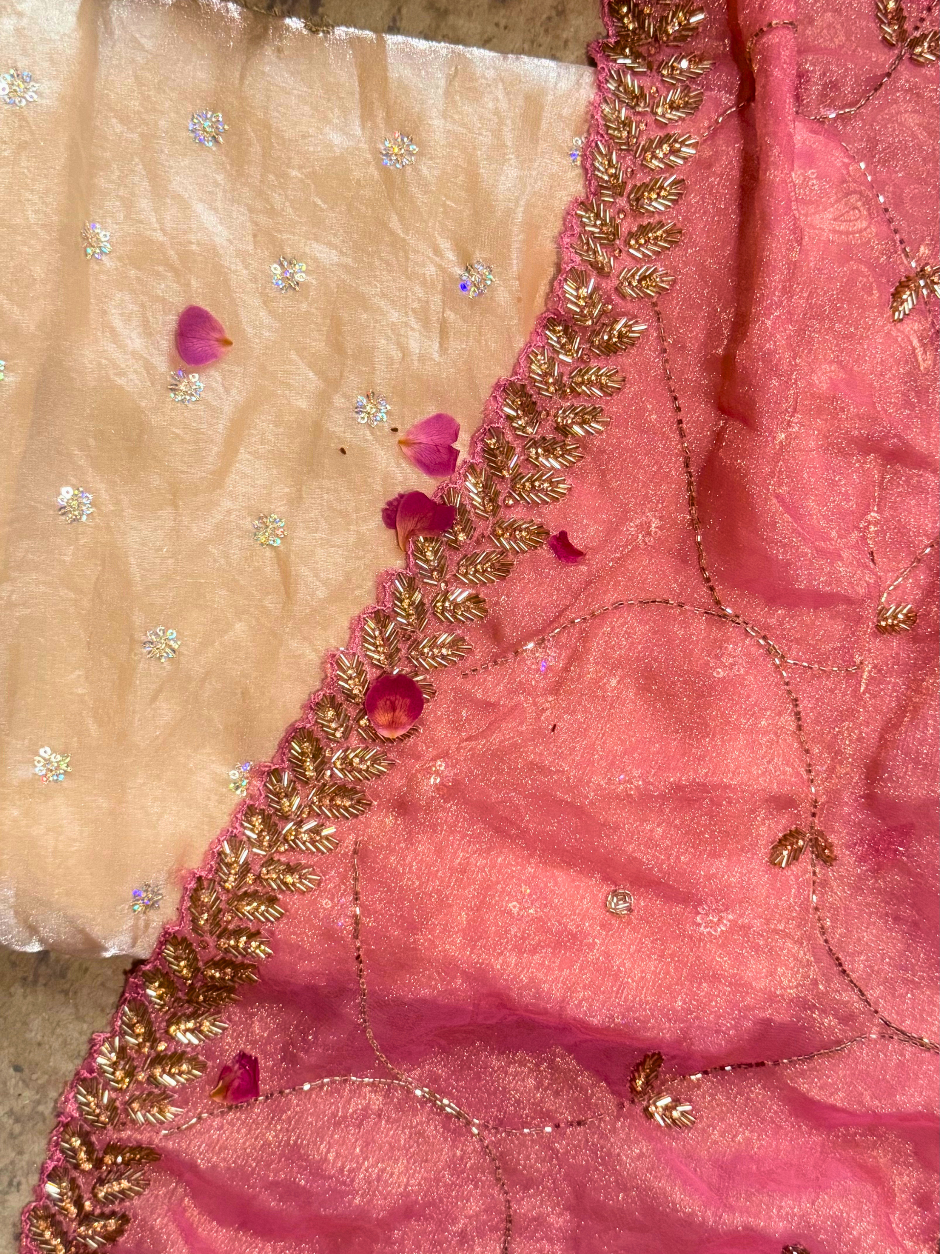 3 Pc Unstitched Suit - Pink Satin Embroidered Kurta with Plain Pant and Hand Beaded Scallop Paisley Dupatta
