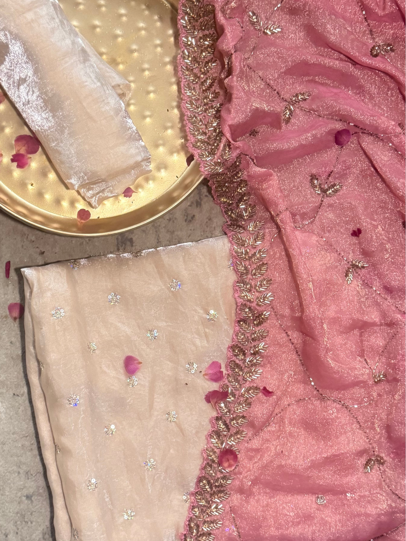 3 Pc Unstitched Suit - Pink Satin Embroidered Kurta with Plain Pant and Hand Beaded Scallop Paisley Dupatta