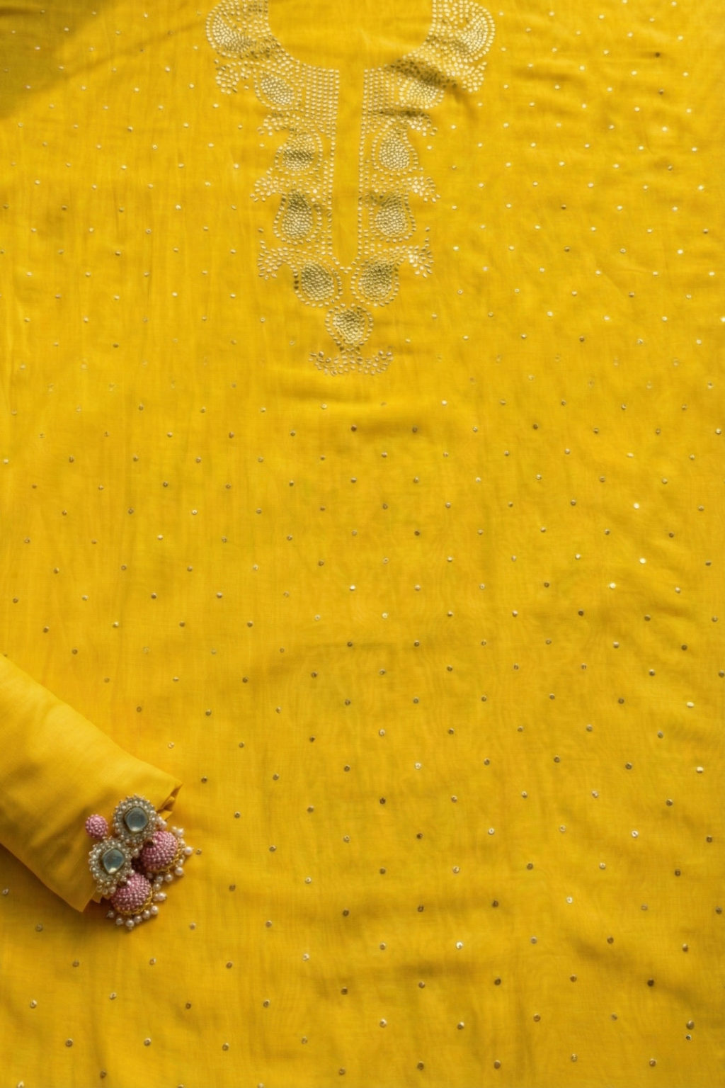 3 Pc Unstitched Suit - Chanderi Yellow Mukiesh Kurta with Lining ,Dupatta and Bottom