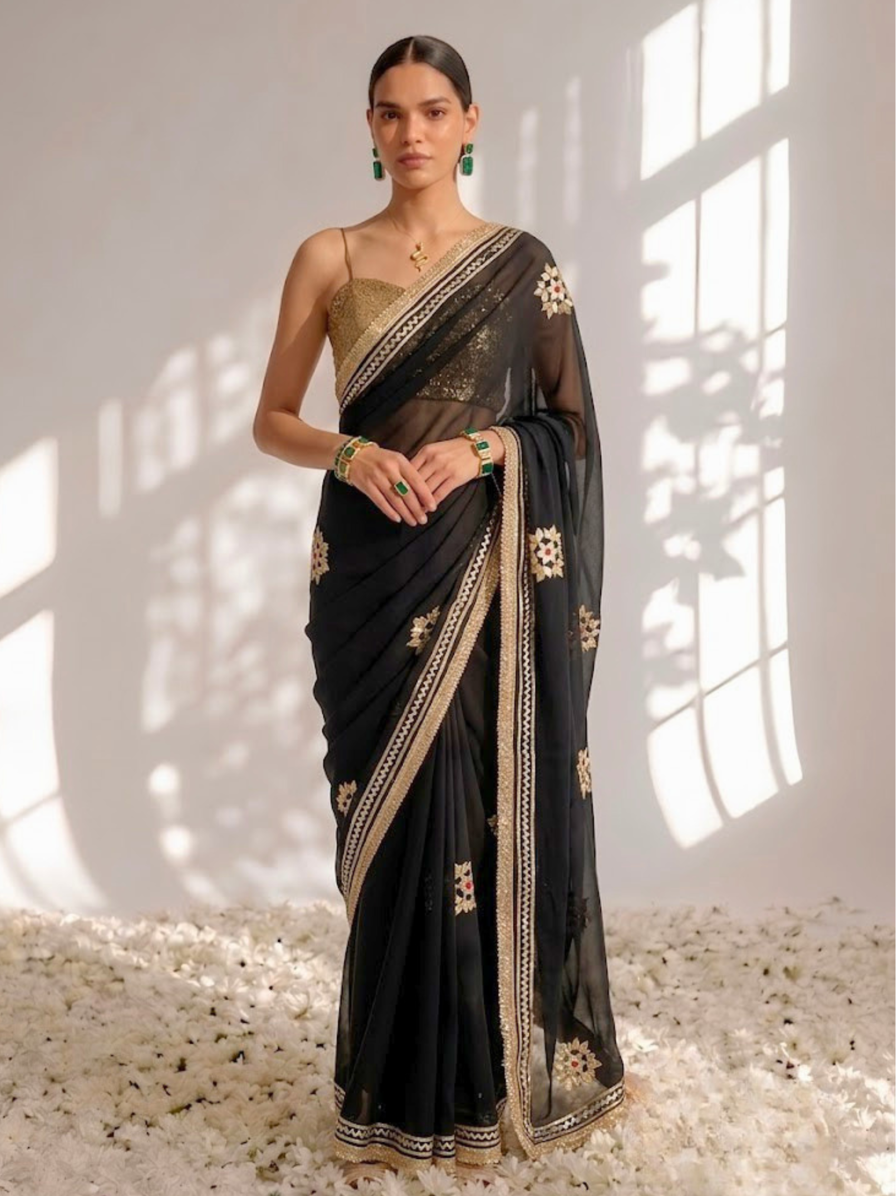 Black Chiffon Gota Patti Saree with Blouse Fabric