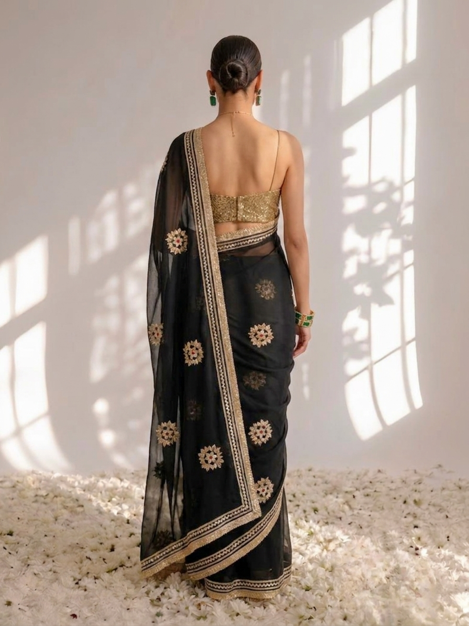 Black Chiffon Gota Patti Saree with Blouse Fabric