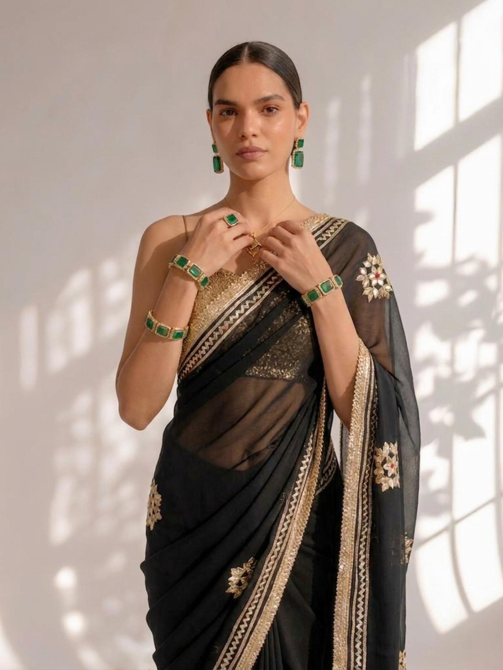 Black Chiffon Gota Patti Saree with Blouse Fabric