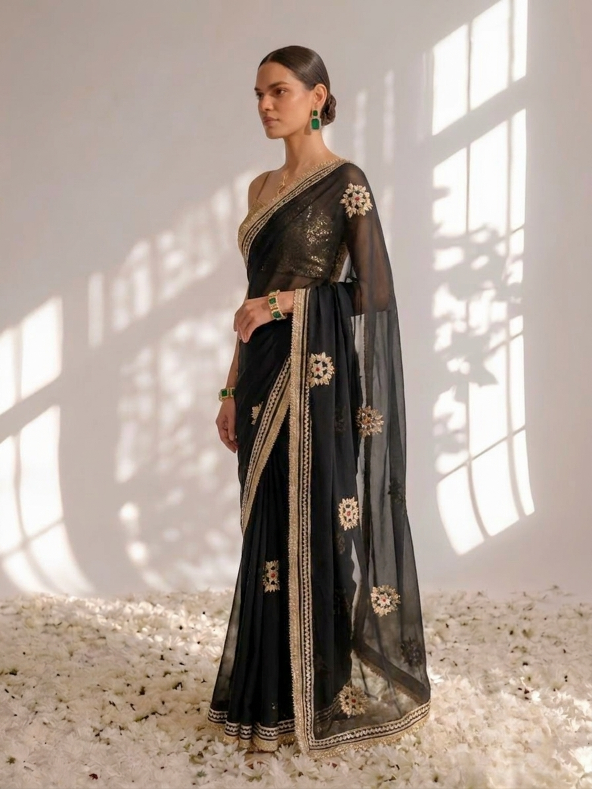 Black Chiffon Gota Patti Saree with Blouse Fabric