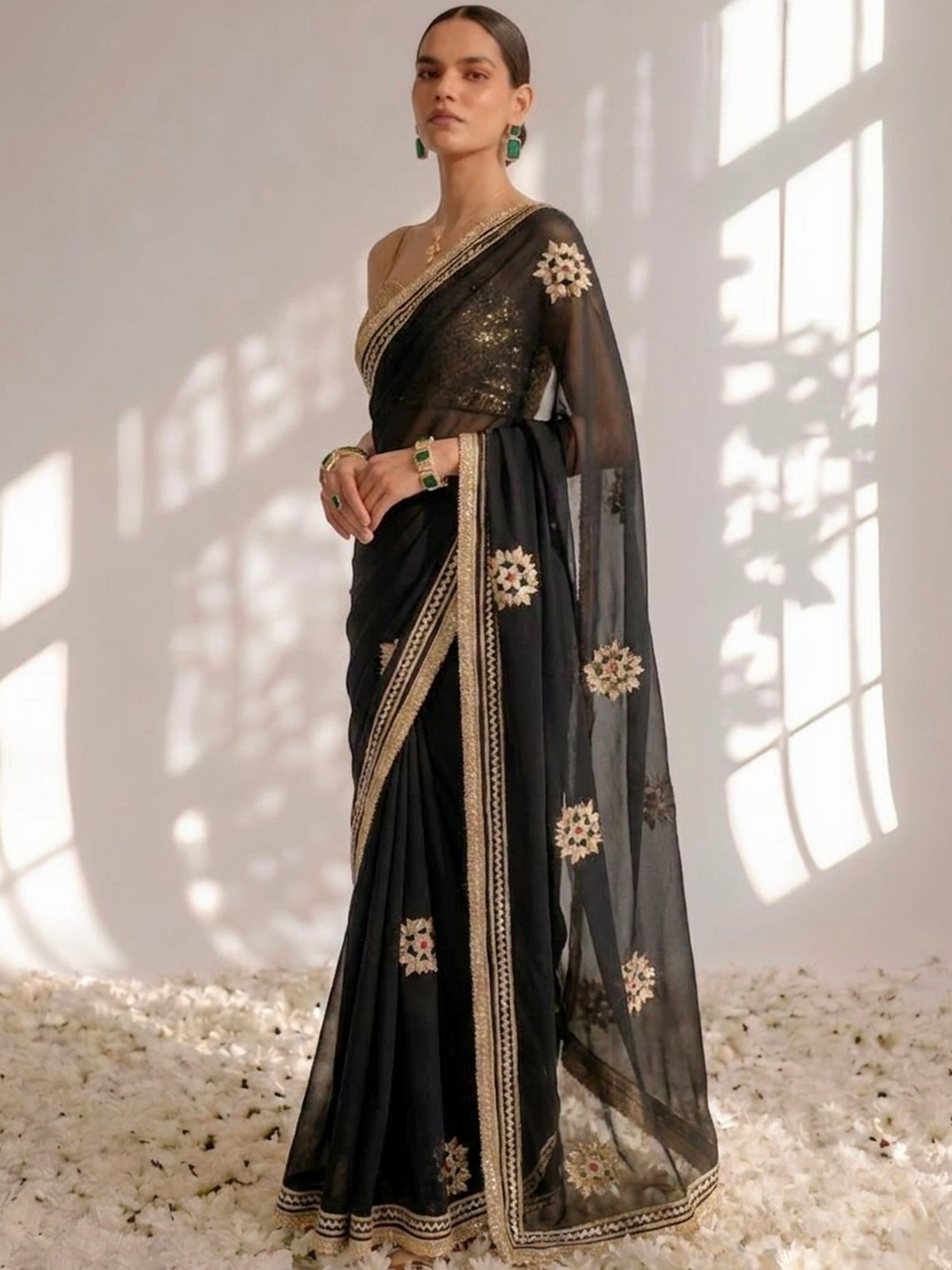 Black Chiffon Gota Patti Saree with Blouse Fabric