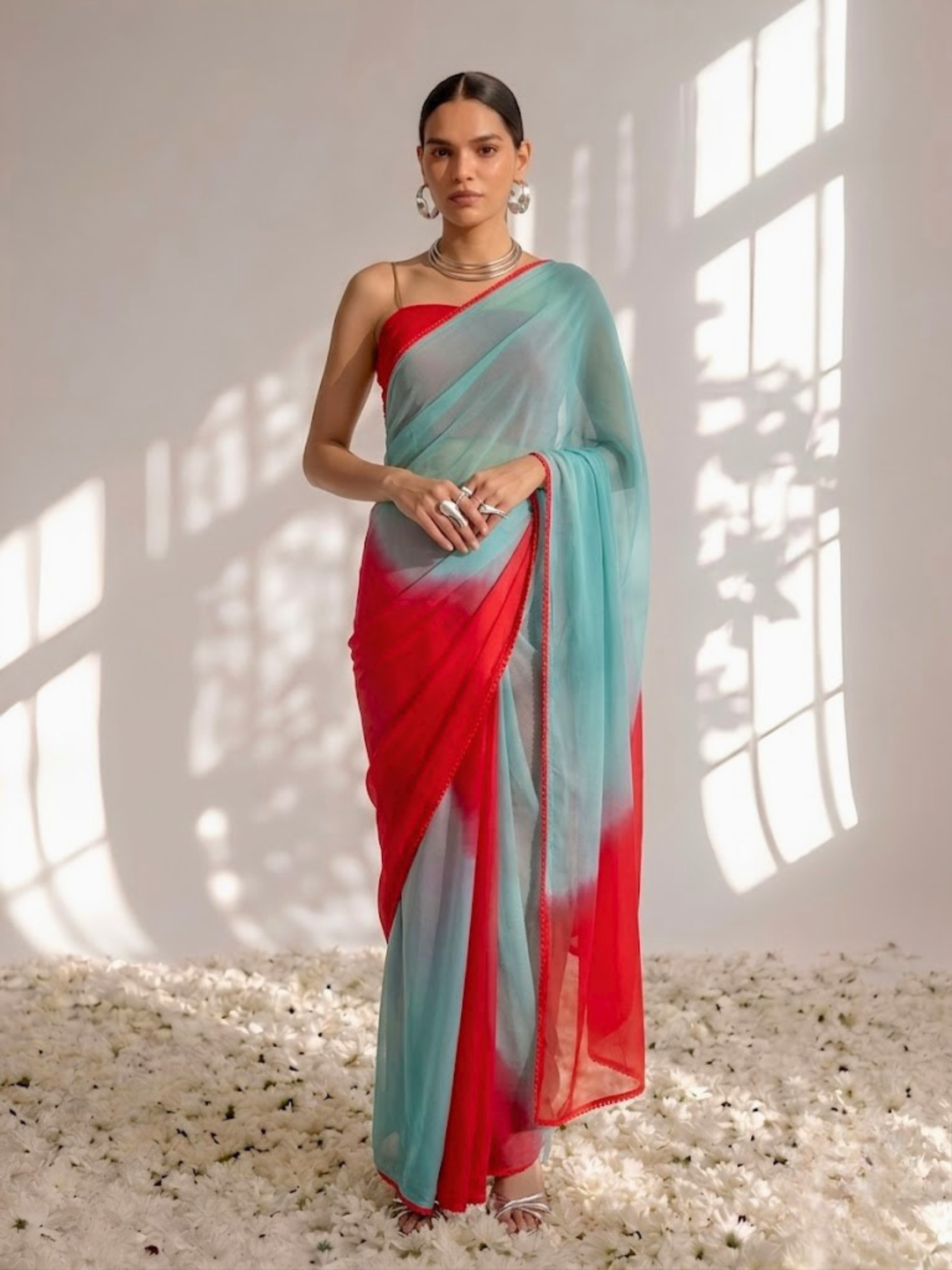 Blue and Red Chiffon Ombre Saree with Edge Lace and Blouse Fabric