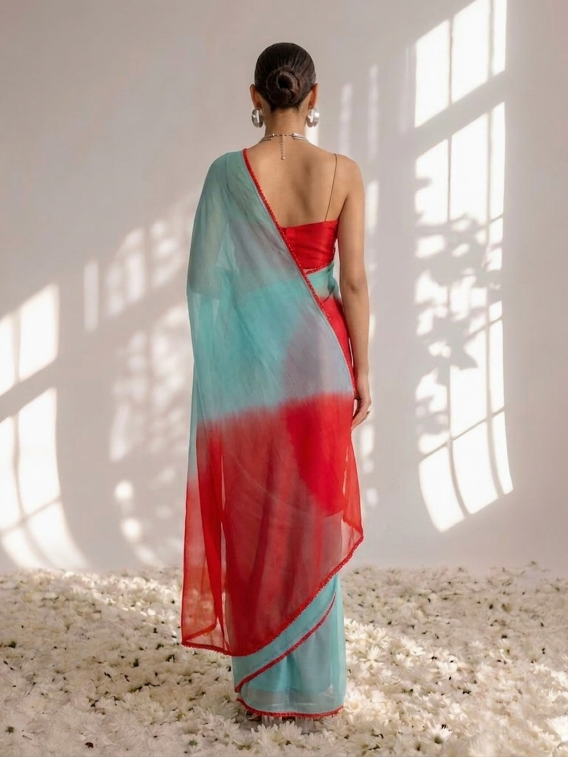 Blue and Red Chiffon Ombre Saree with Edge Lace and Blouse Fabric