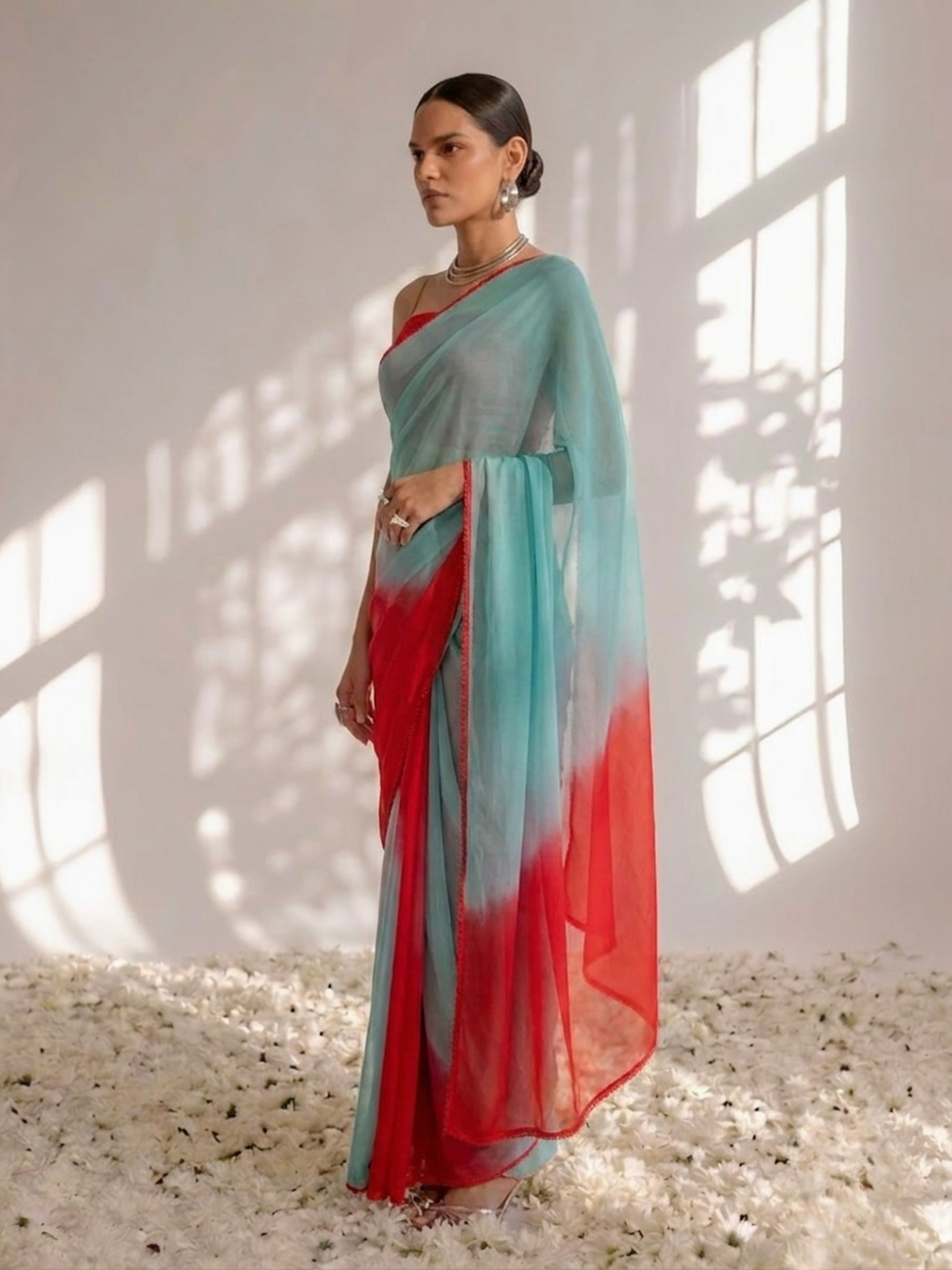 Blue and Red Chiffon Ombre Saree with Edge Lace and Blouse Fabric