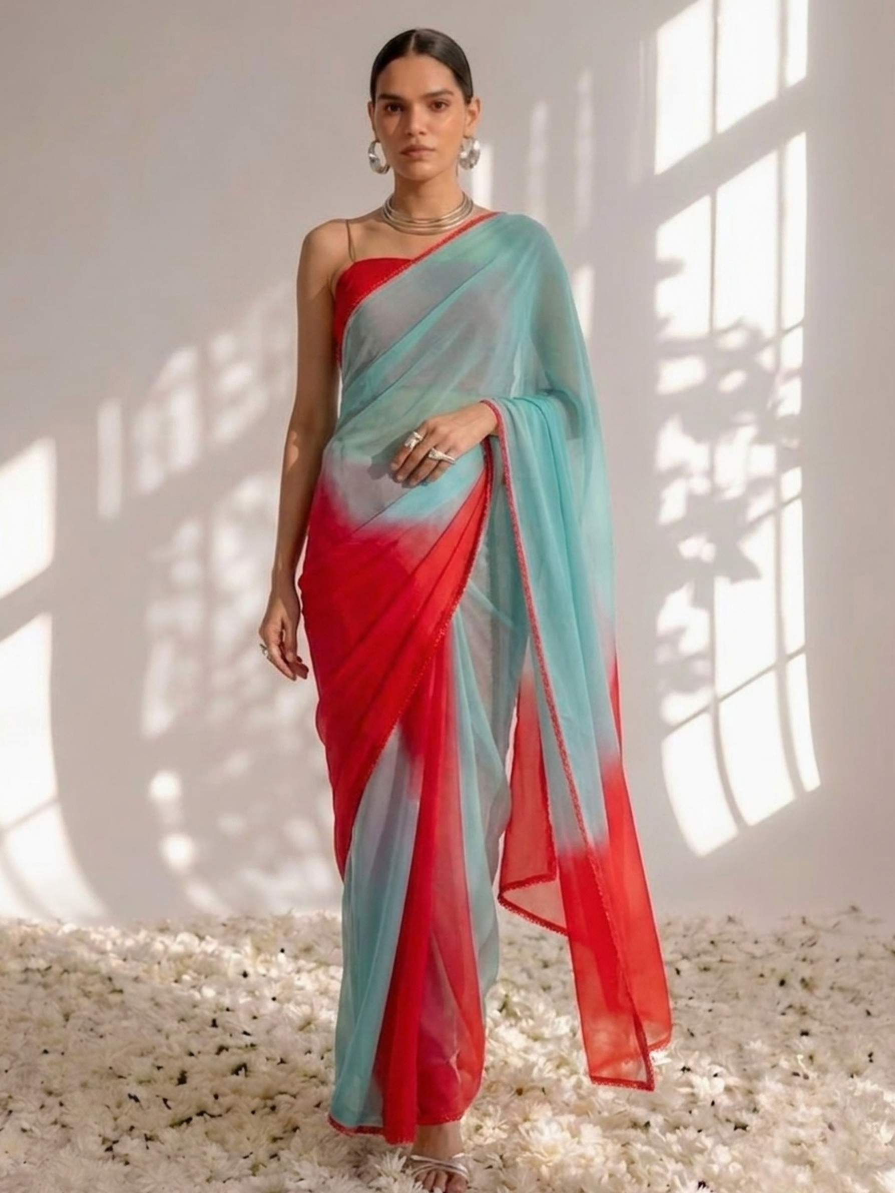 Blue and Red Chiffon Ombre Saree with Edge Lace and Blouse Fabric