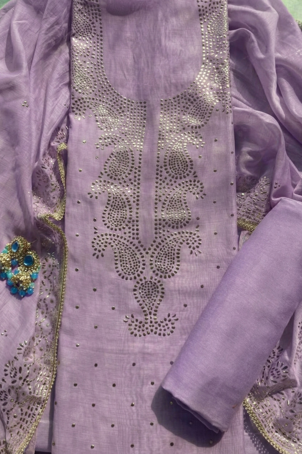 3 Pc Unstitched Suit - Chanderi Lilac Mukiesh Kurta with Lining ,Dupatta and Bottom