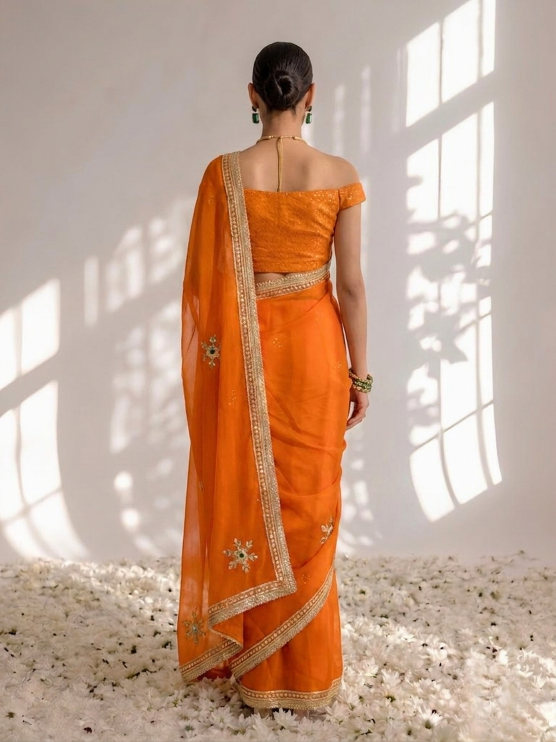 Rust Chiffon Gota Patti Saree with Blouse Fabric