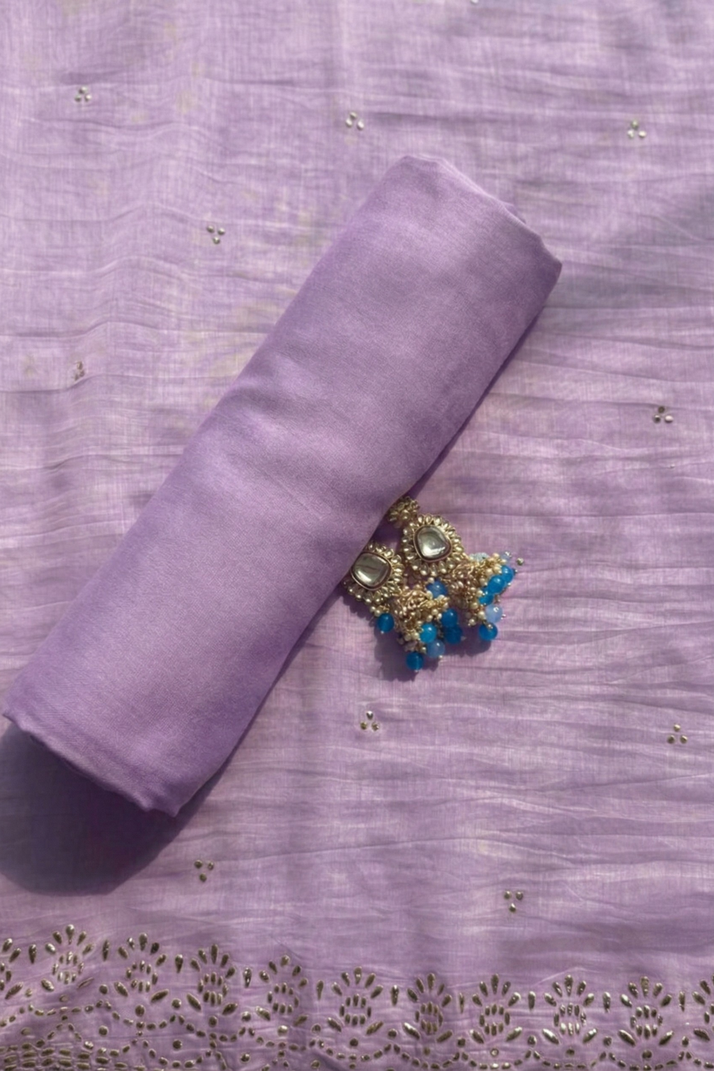 3 Pc Unstitched Suit - Chanderi Lilac Mukiesh Kurta with Lining ,Dupatta and Bottom