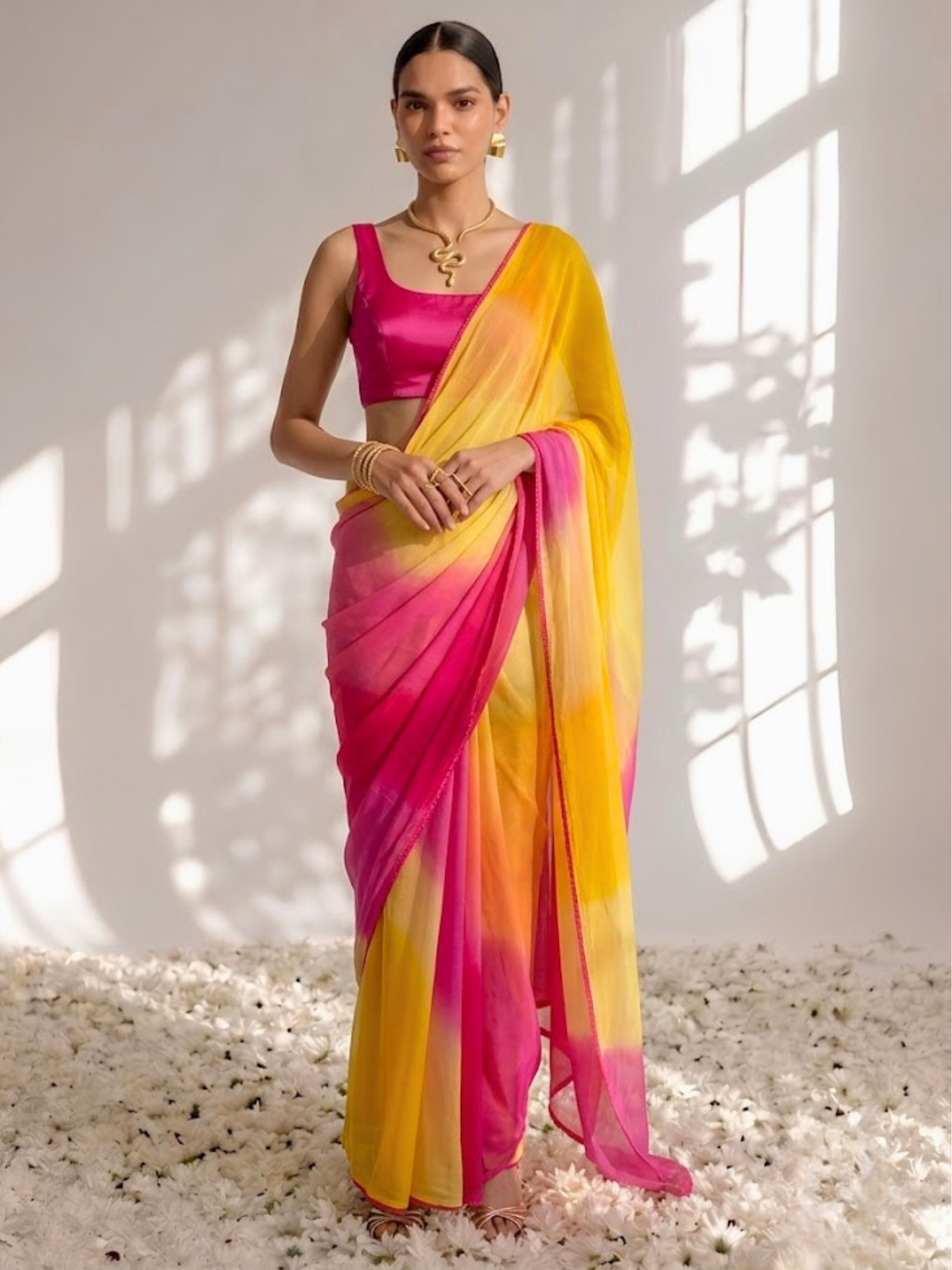 Yellow and Pink Chiffon Ombre Saree with Edge Lace and Blouse Fabric