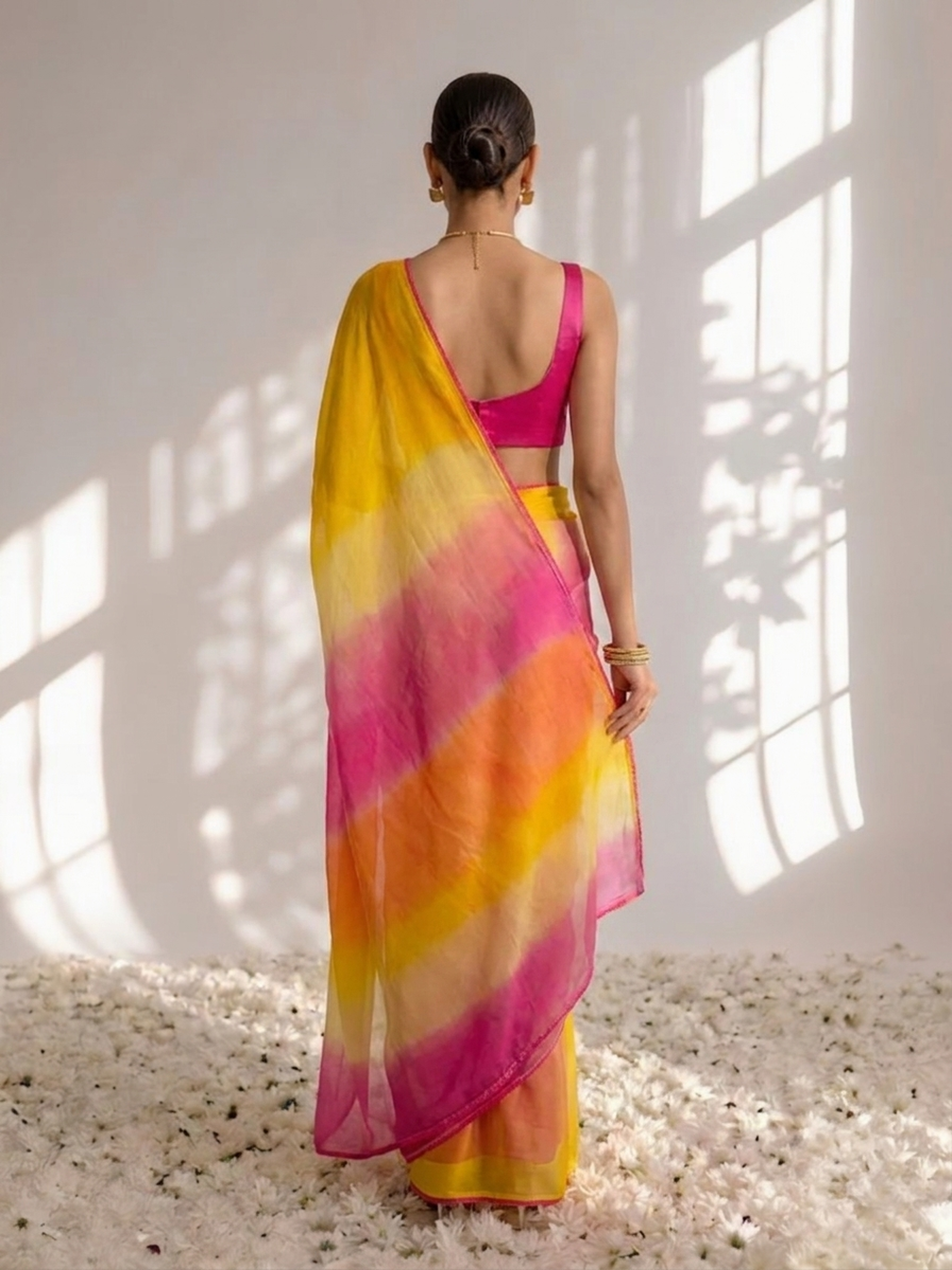 Yellow and Pink Chiffon Ombre Saree with Edge Lace and Blouse Fabric