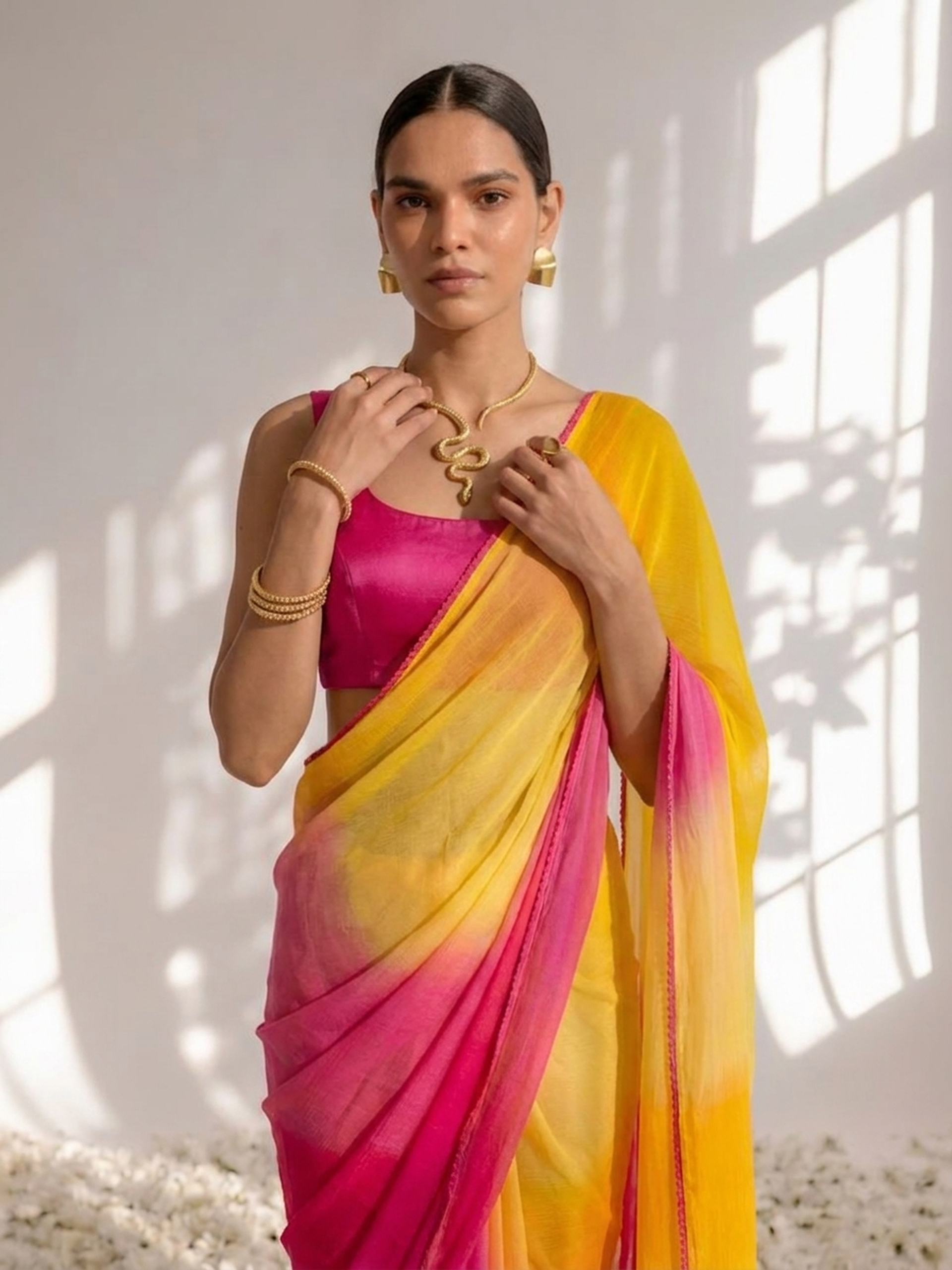 Yellow and Pink Chiffon Ombre Saree with Edge Lace and Blouse Fabric