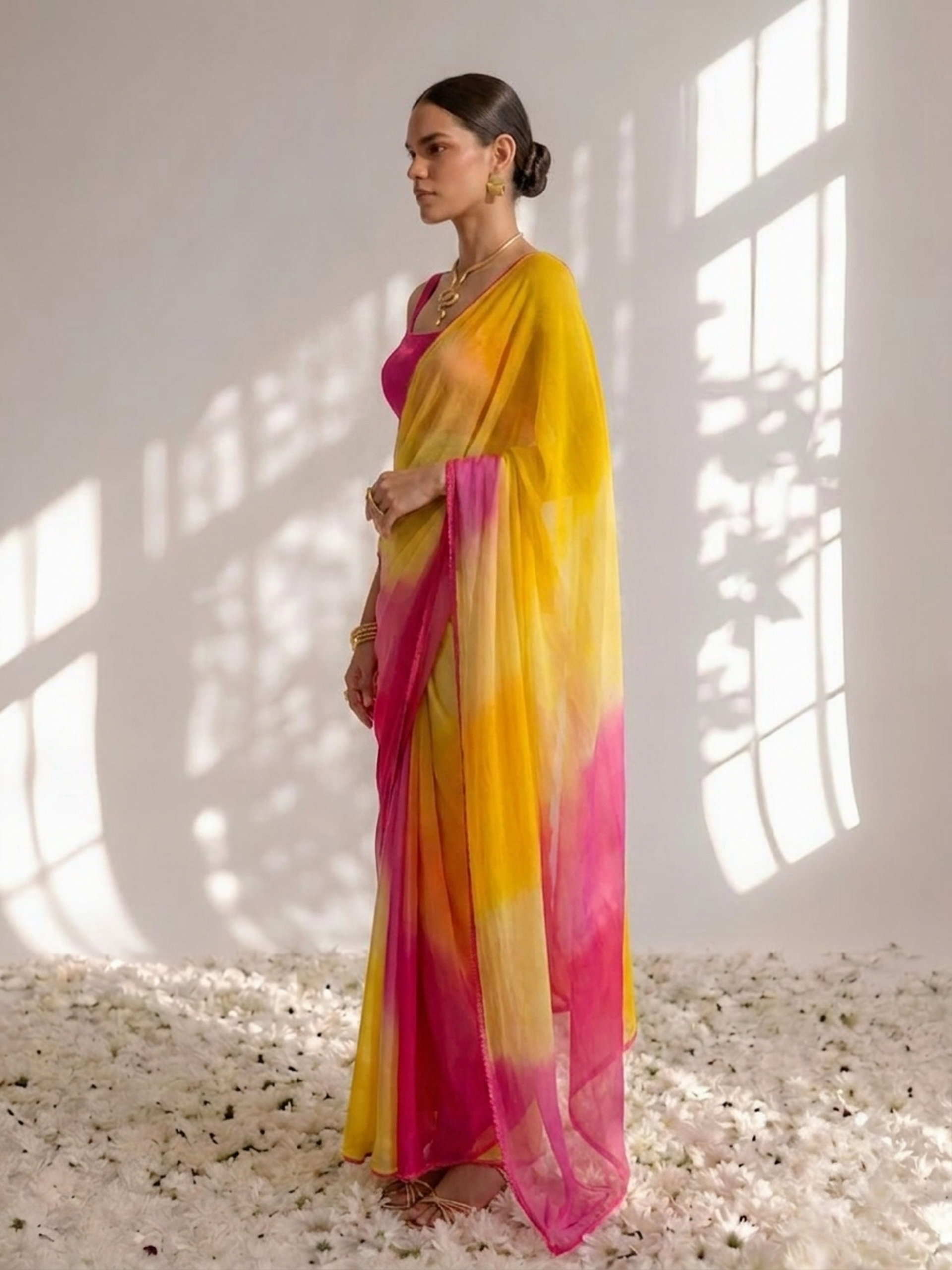 Yellow and Pink Chiffon Ombre Saree with Edge Lace and Blouse Fabric