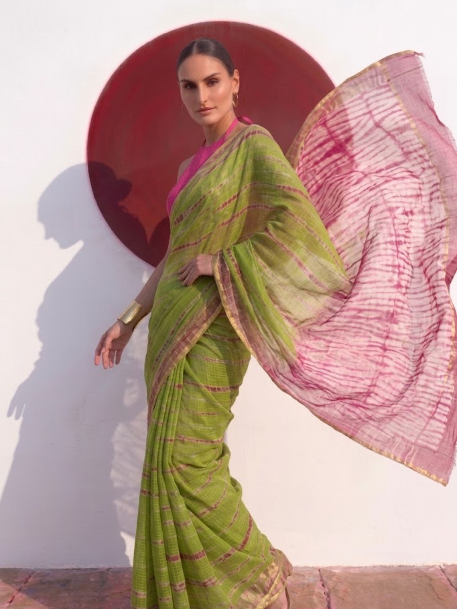 Green and Pink Pure Silk Kota Tie Dye Saree with Blouse Fabric