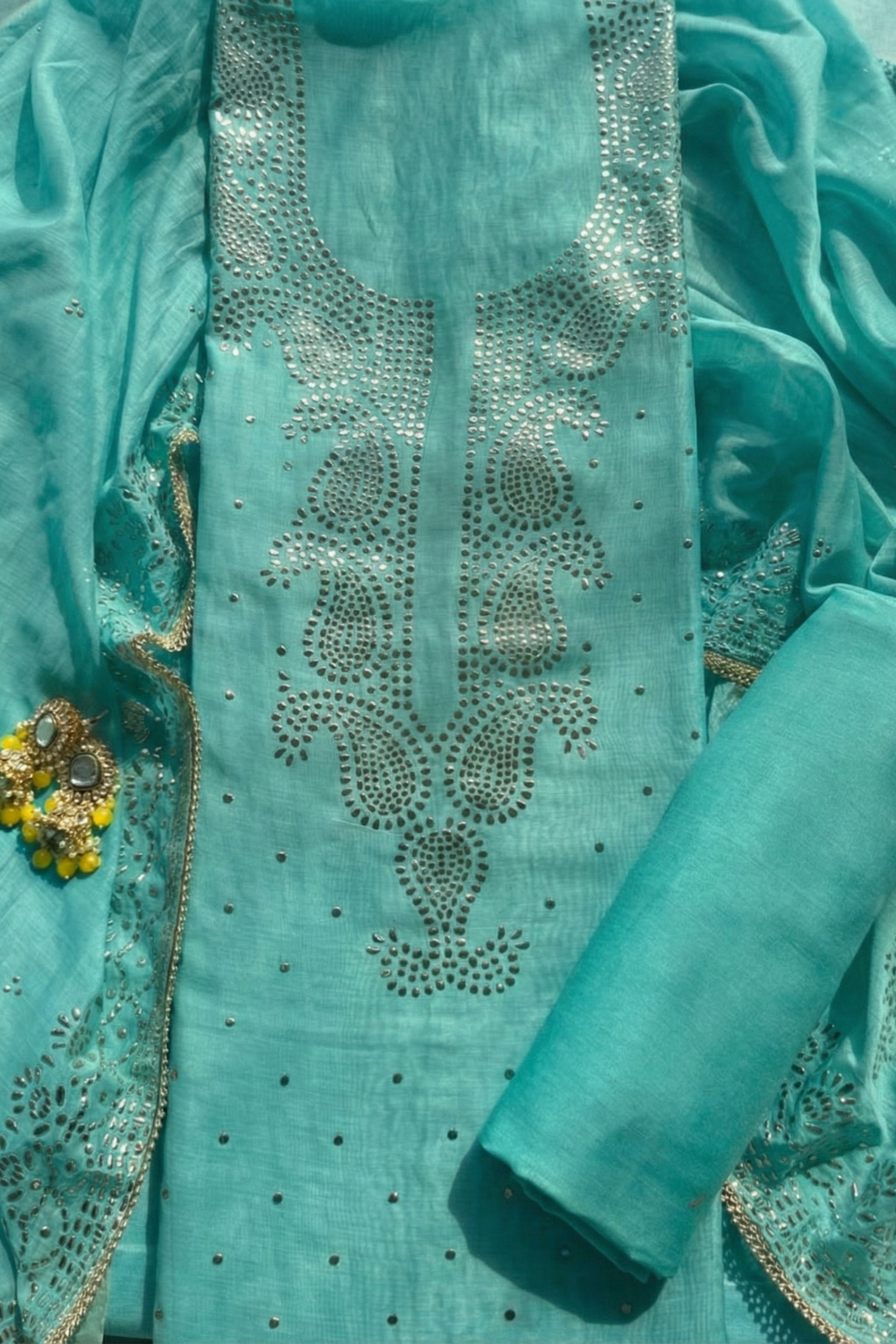 3 Pc Unstitched Suit - Chanderi Turq Mukiesh Kurta with Lining ,Dupatta and Bottom