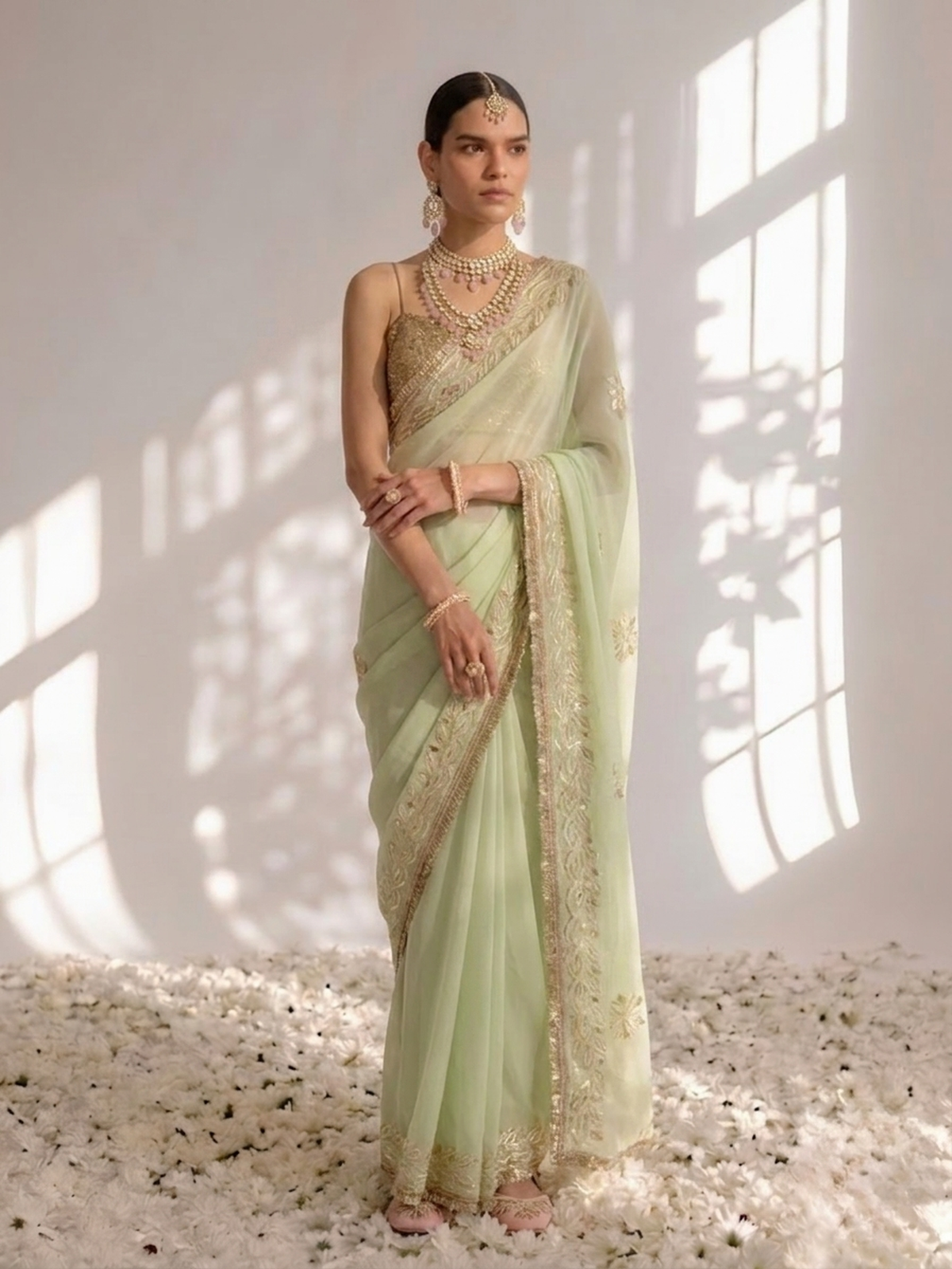 Sage Green Chiffon Gota Patti Saree with Blouse Fabric