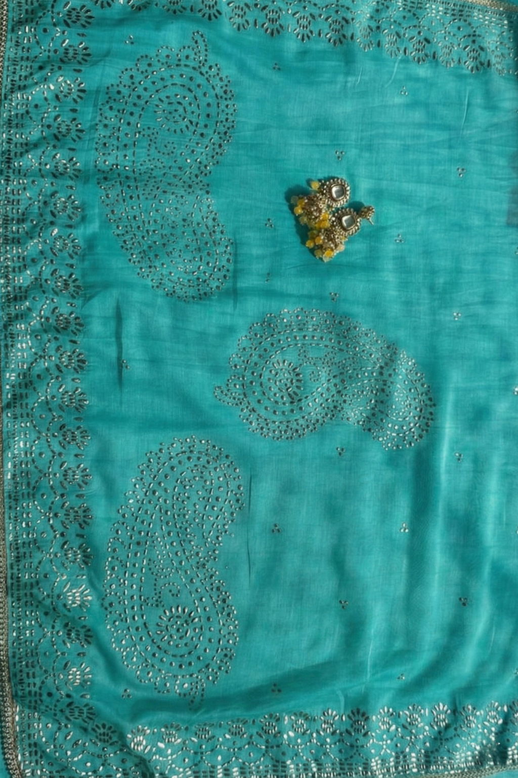 3 Pc Unstitched Suit - Chanderi Turq Mukiesh Kurta with Lining ,Dupatta and Bottom