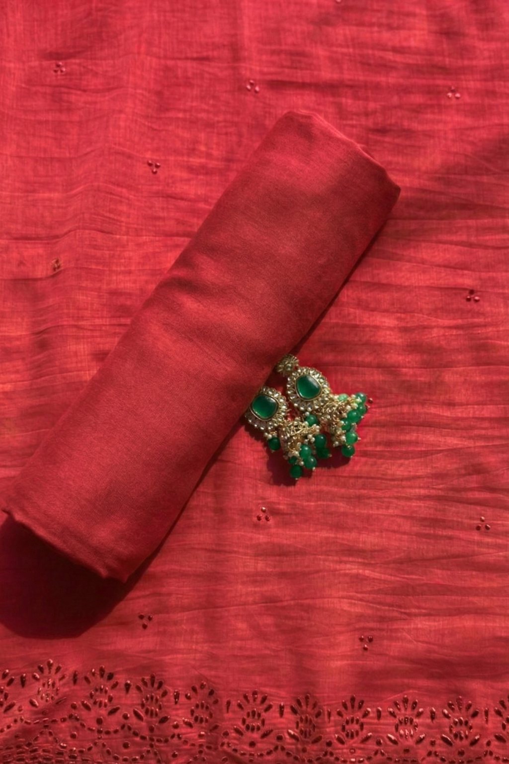 3 Pc Unstitched Suit - Chanderi Red Mukiesh Kurta with Lining ,Dupatta and Bottom