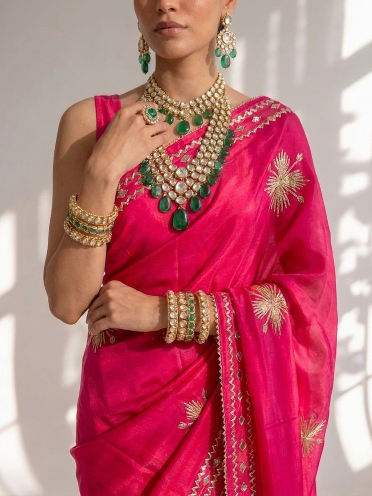 Fuchsia Dual Shade Satin Saree with Gota Patti and Blouse Fabric
