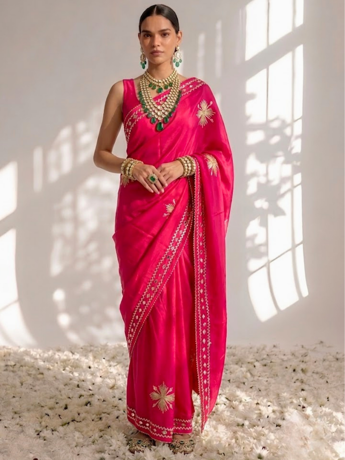 Fuchsia Dual Shade Satin Saree with Gota Patti and Blouse Fabric