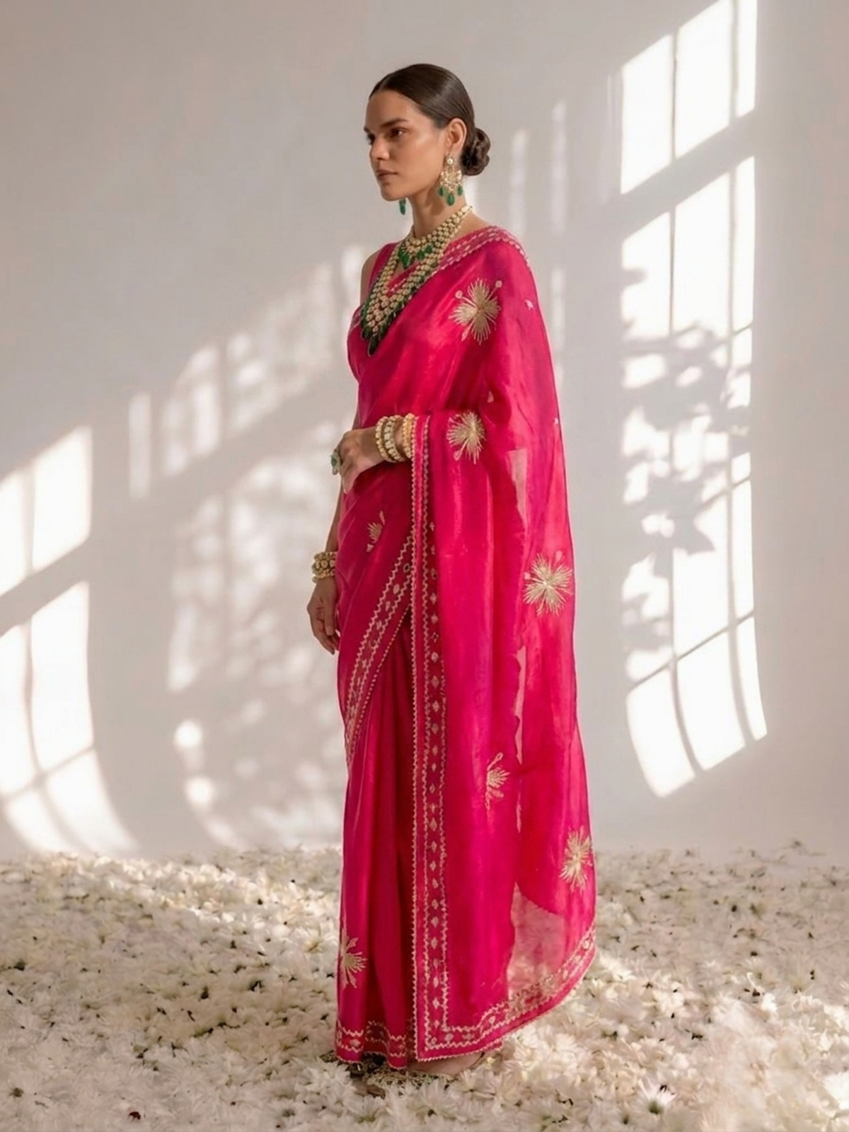 Fuchsia Dual Shade Satin Saree with Gota Patti and Blouse Fabric